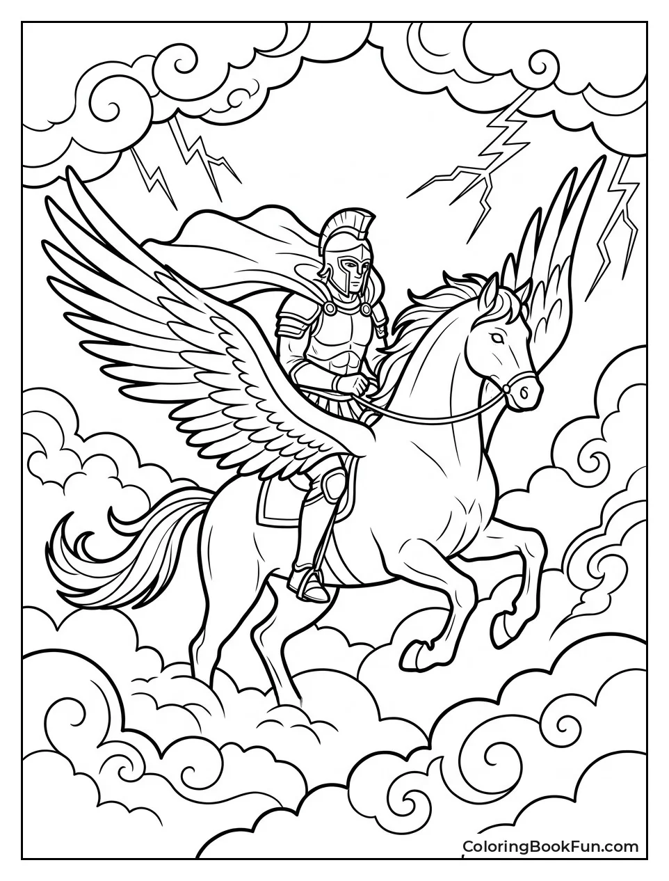 Warrior Riding Pegasus Through Stormy Clouds