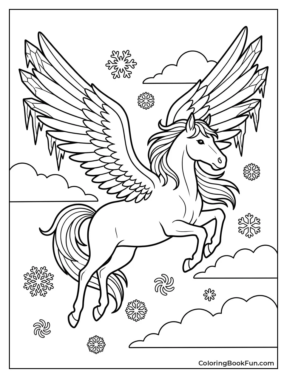 Pegasus Flying Through Gentle Snowfall