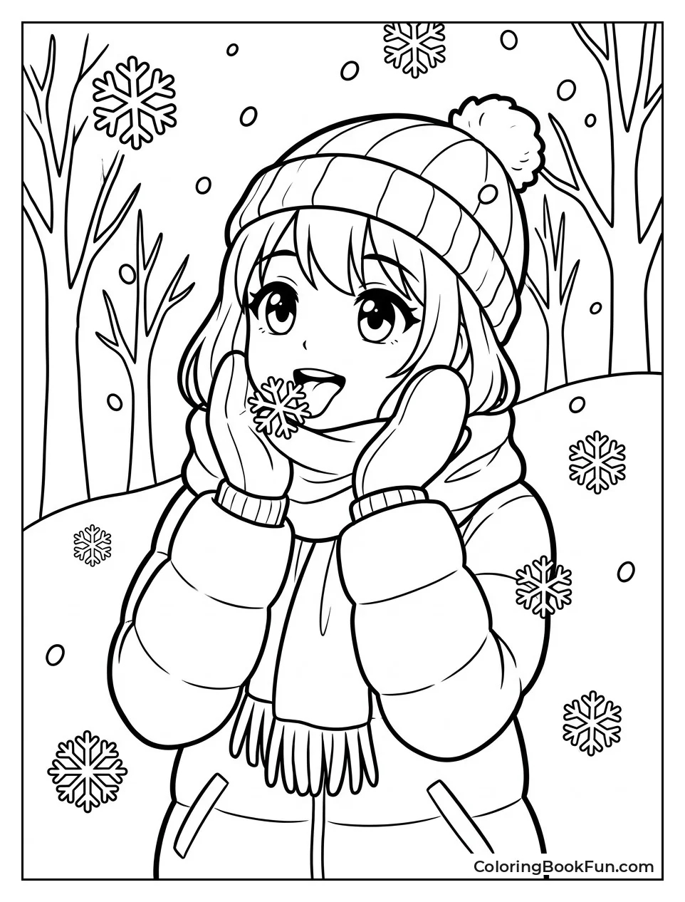 Cozy Girl Catching Snowflakes
