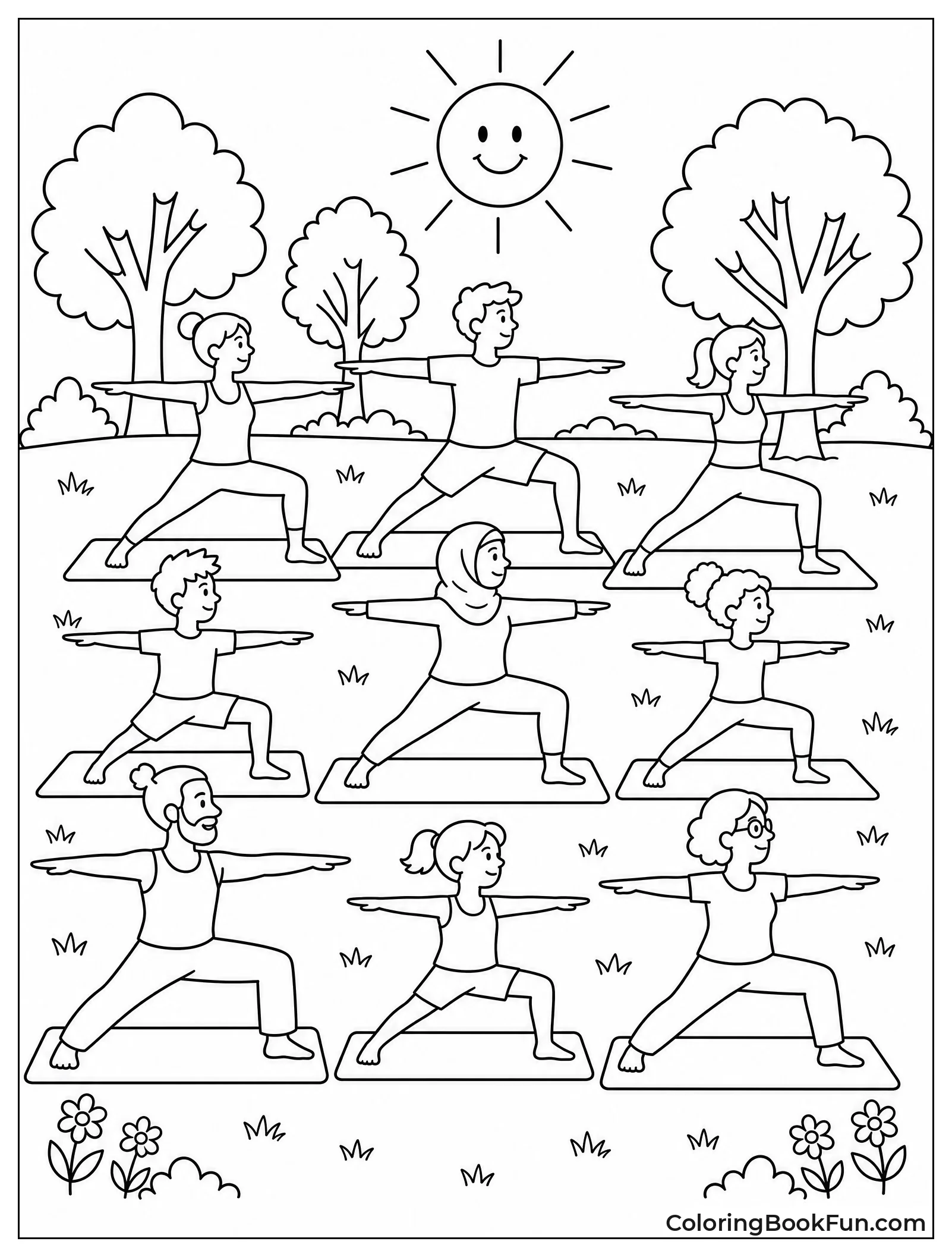 Group Doing Warrior Pose in Park