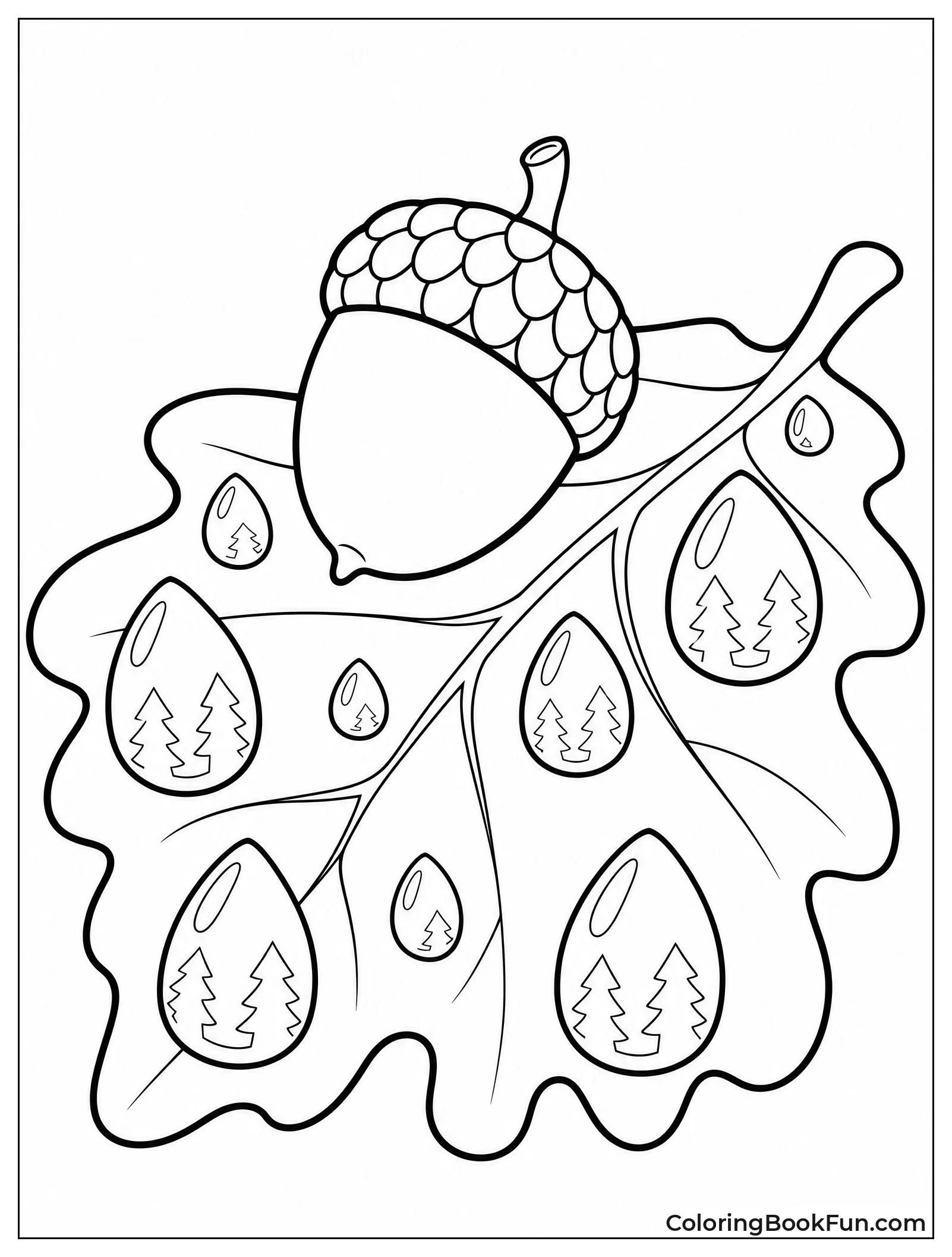 Acorn Sits On Leaf With Raindrops