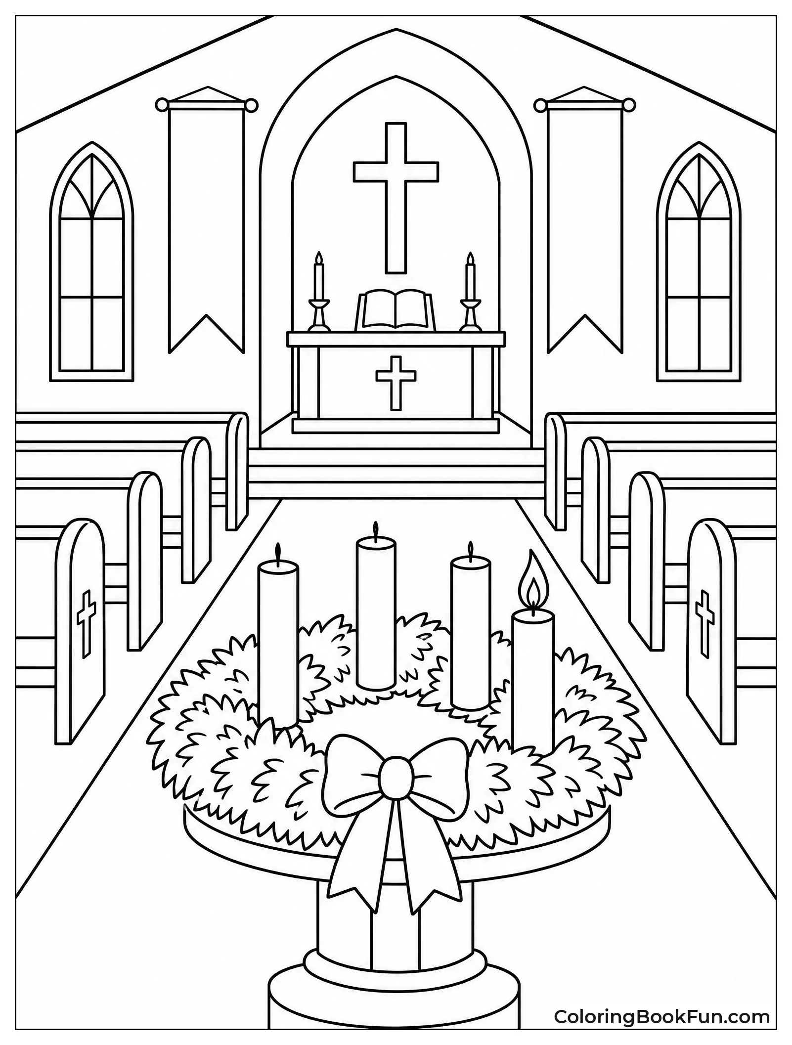 Church Altar Decorated with Purple Banners