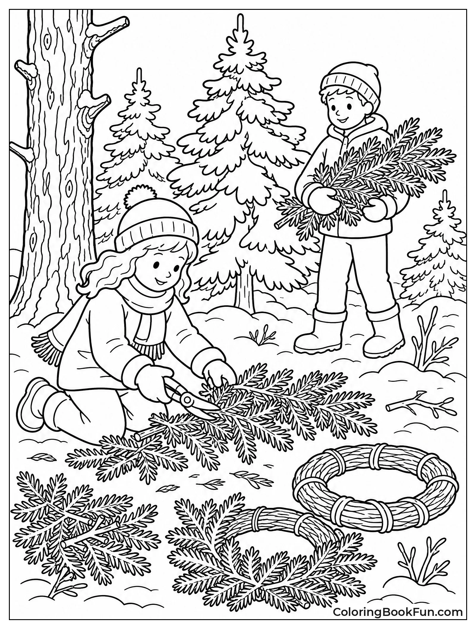 Cutting Evergreen Branches in Snowy Woods