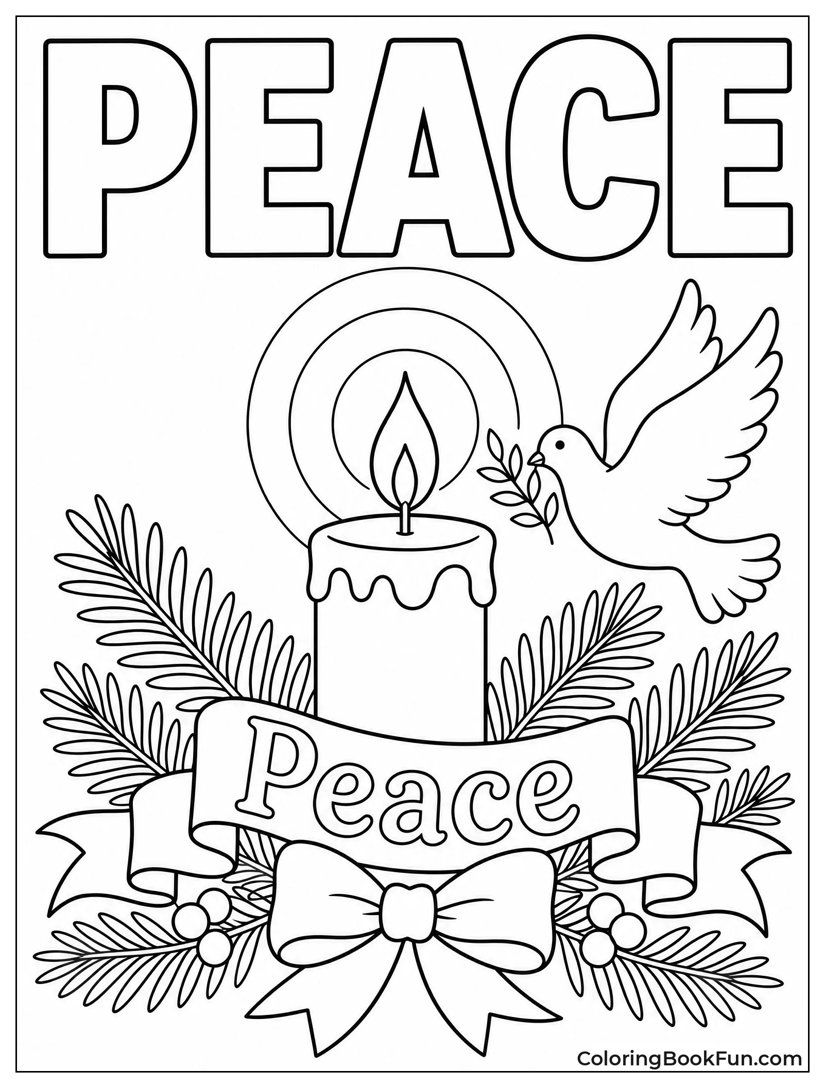 Peace Candle Glows Among Evergreen Branches
