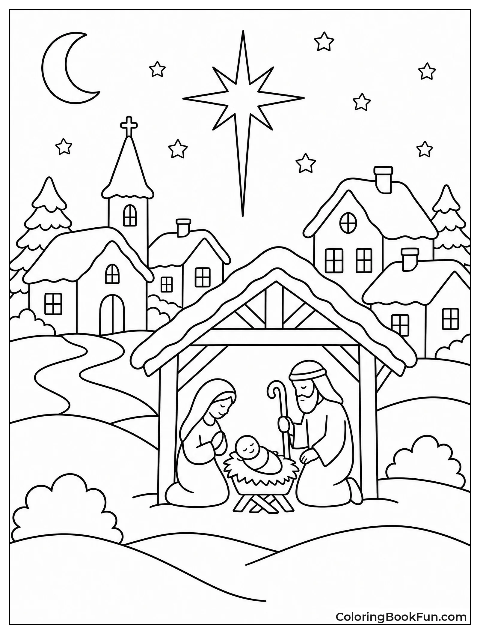 Snowy Village with Star Above Stable