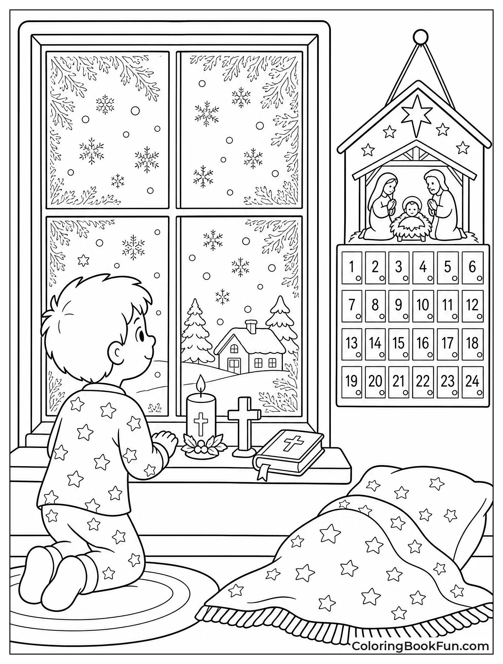 Child Watches Snowfall by the Window