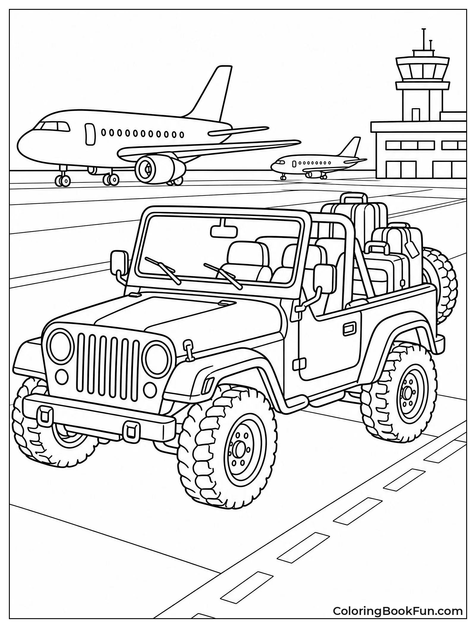 Jeep Drives Near Airport Planes