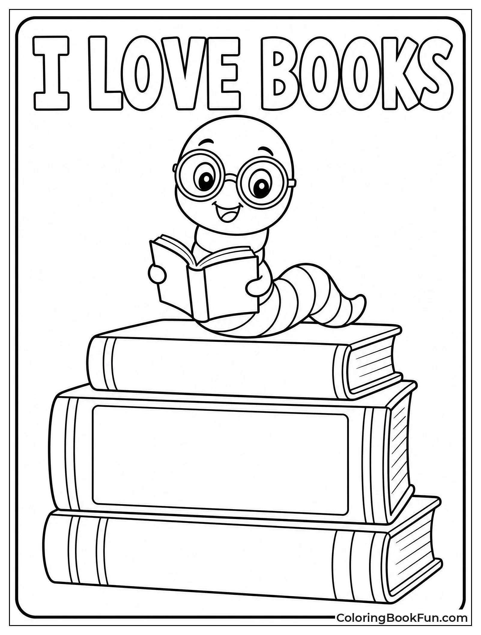 Bookworm Reading on Stack of Books