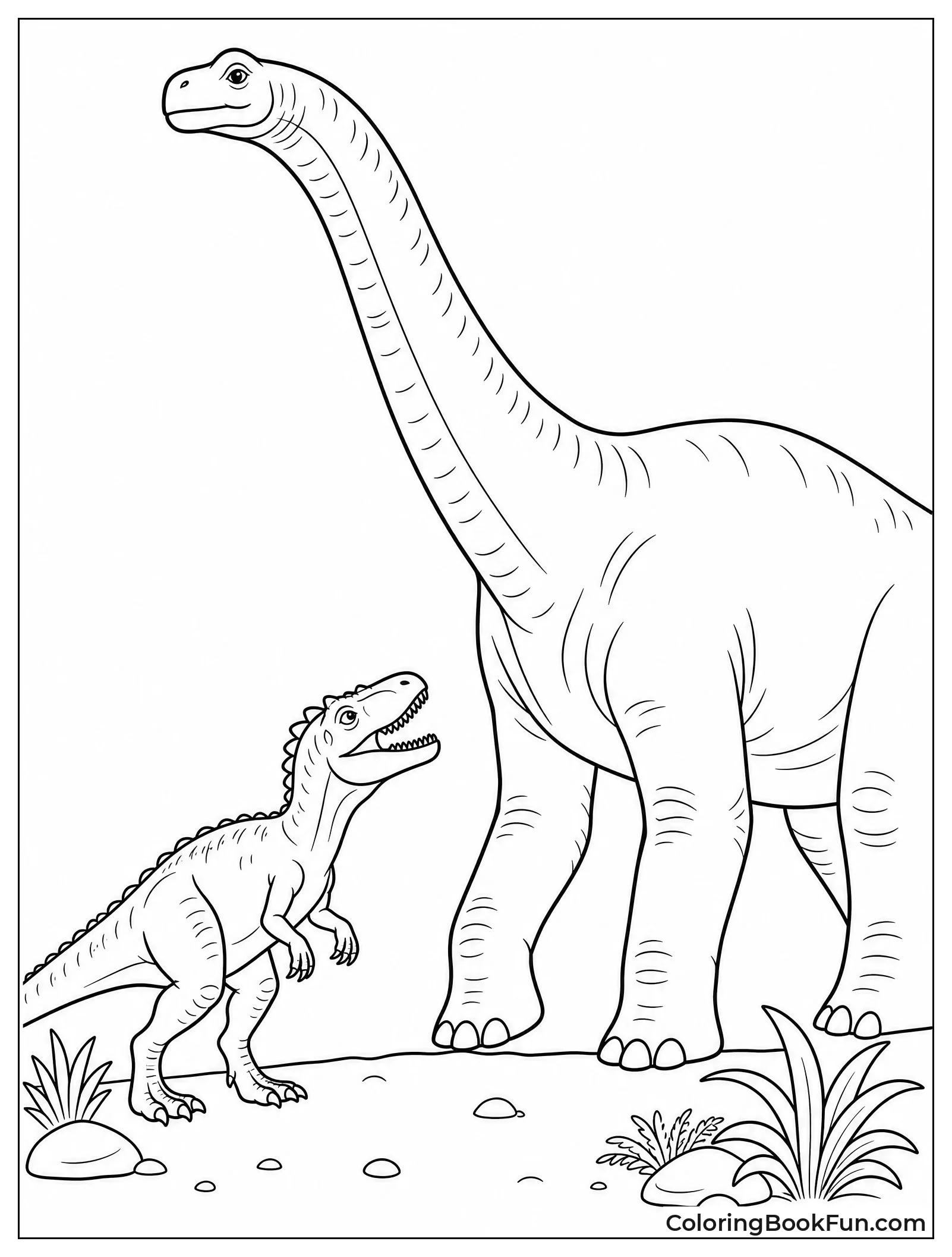 Allosaurus Looking Up at Brachiosaurus