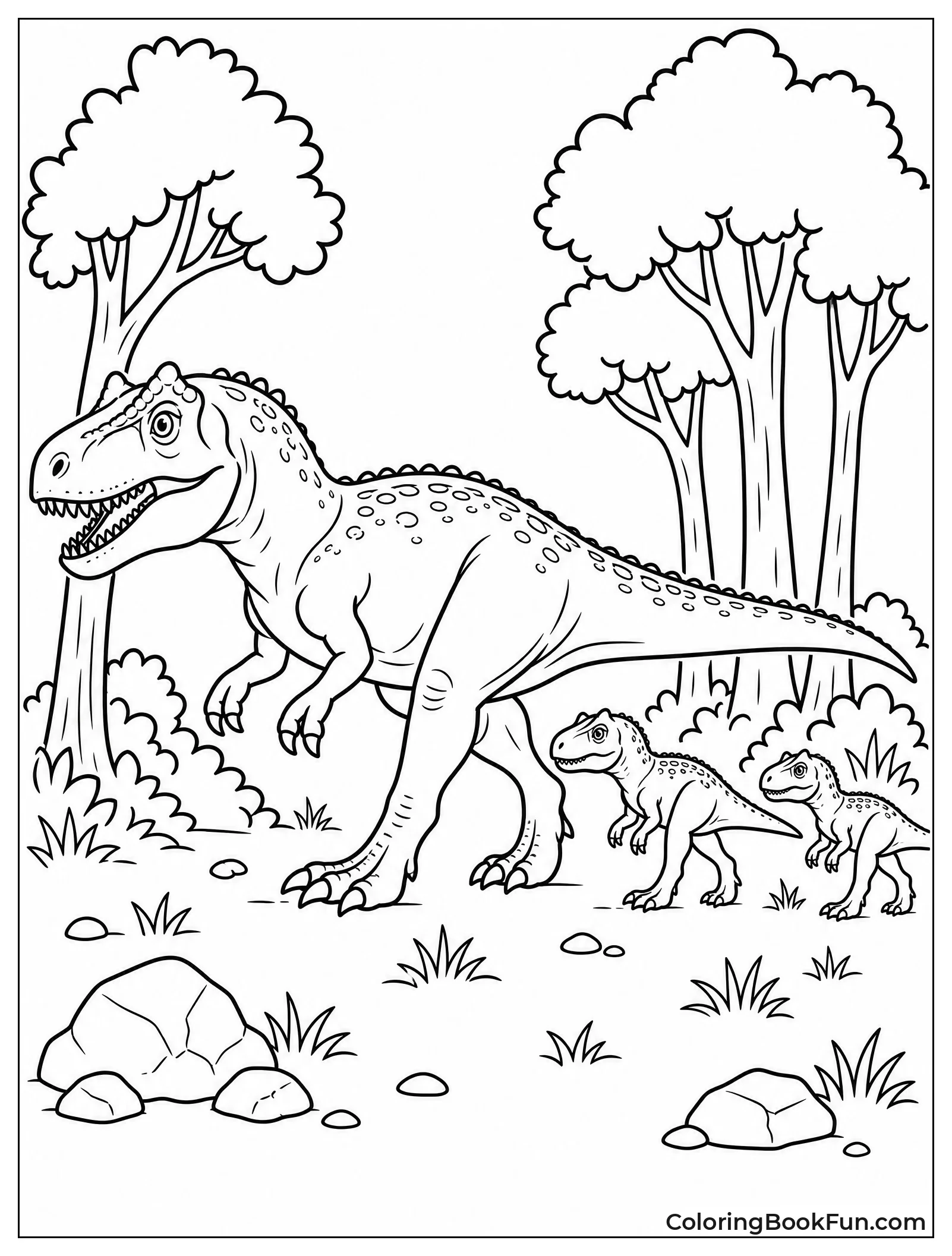 Allosaurus Family Walking in Forest