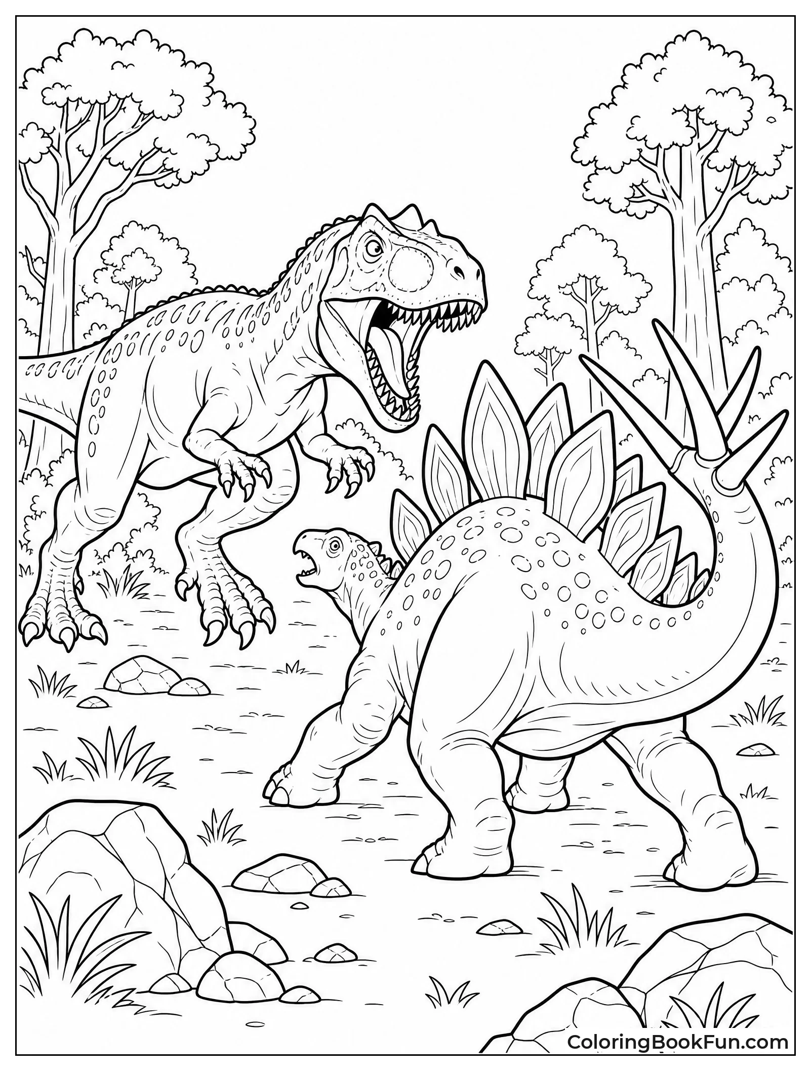 Allosaurus Fighting Stegosaurus in Forest