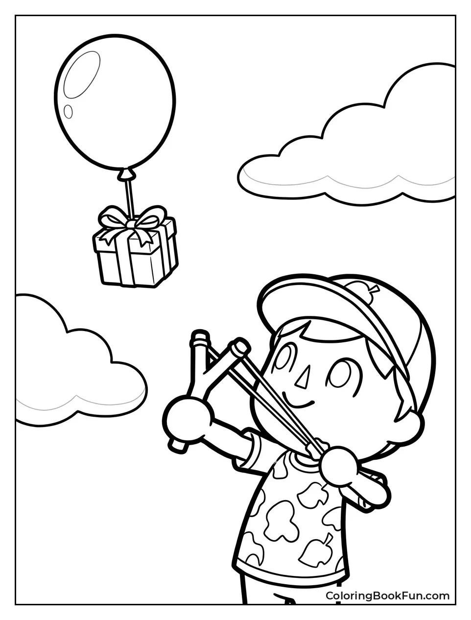Villager Aims Slingshot at Balloon