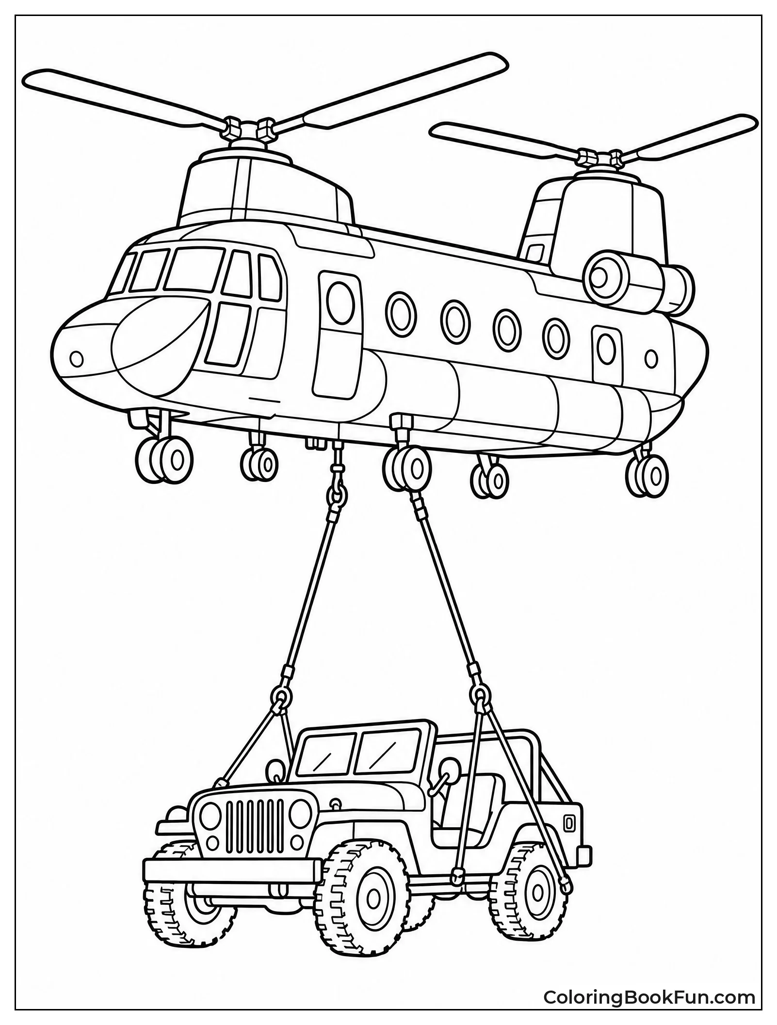 Big Helicopter Carrying a Jeep