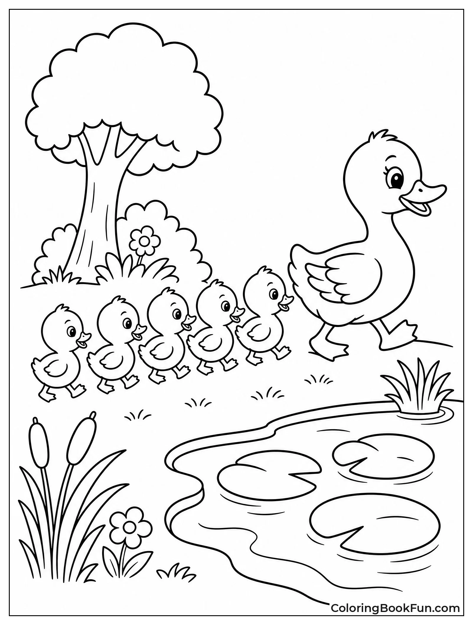 Duck Leads Ducklings to Pond