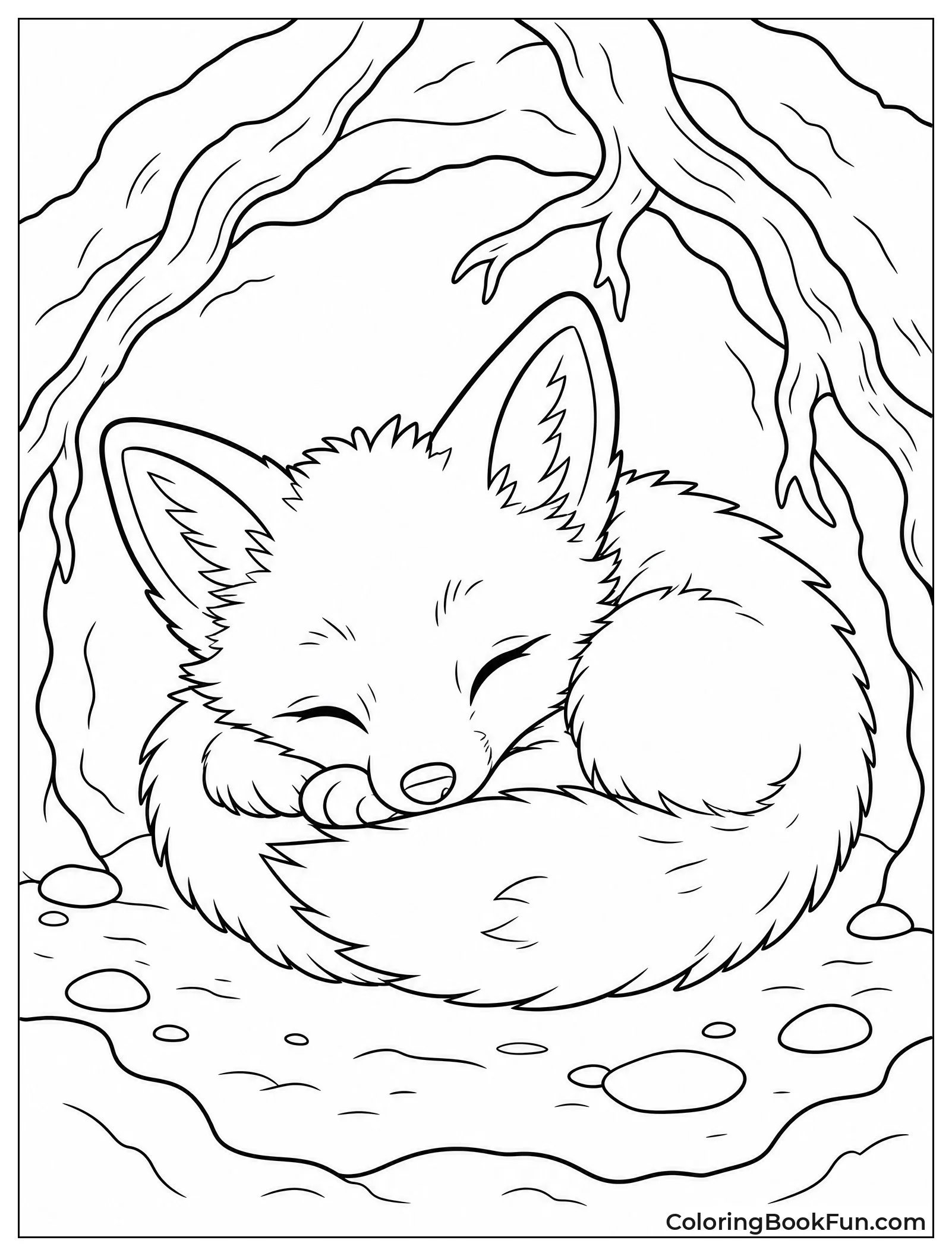 Fox Kit Curls in Den