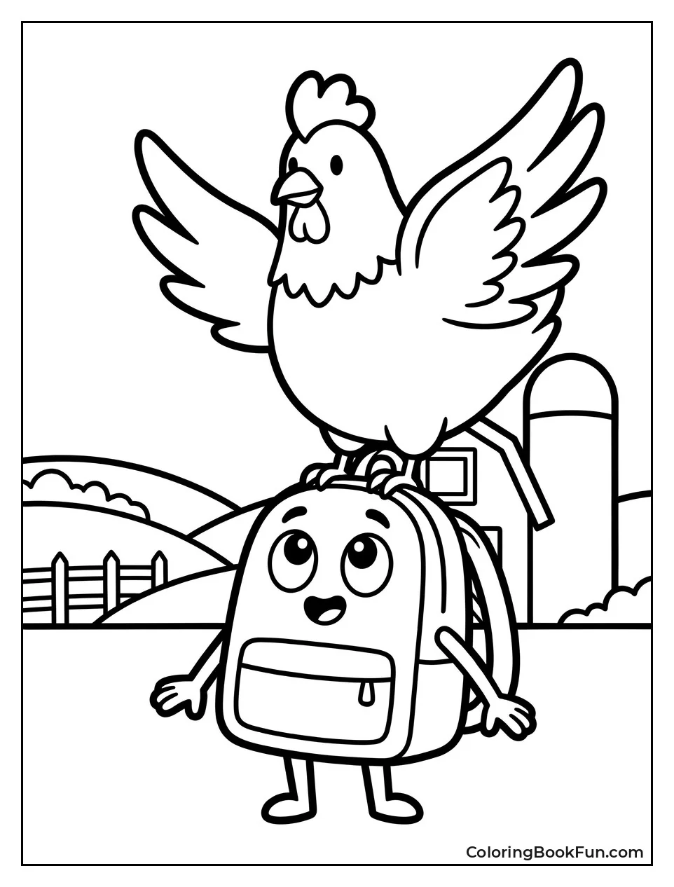 Backpack Looks at Big Red Chicken