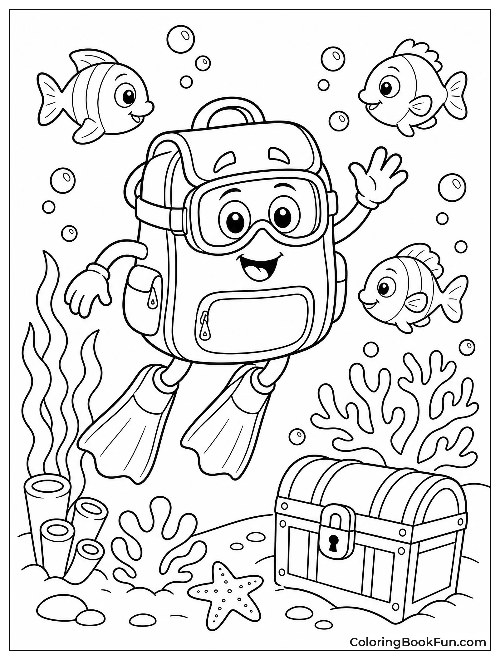 Backpack Explores Underwater with Fish