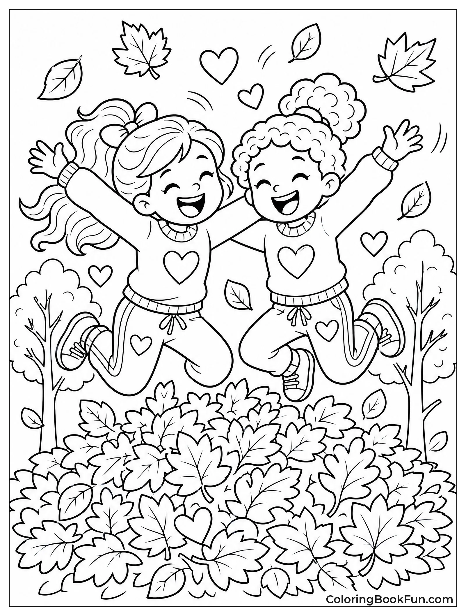 Friends Jump in Pile of Leaves