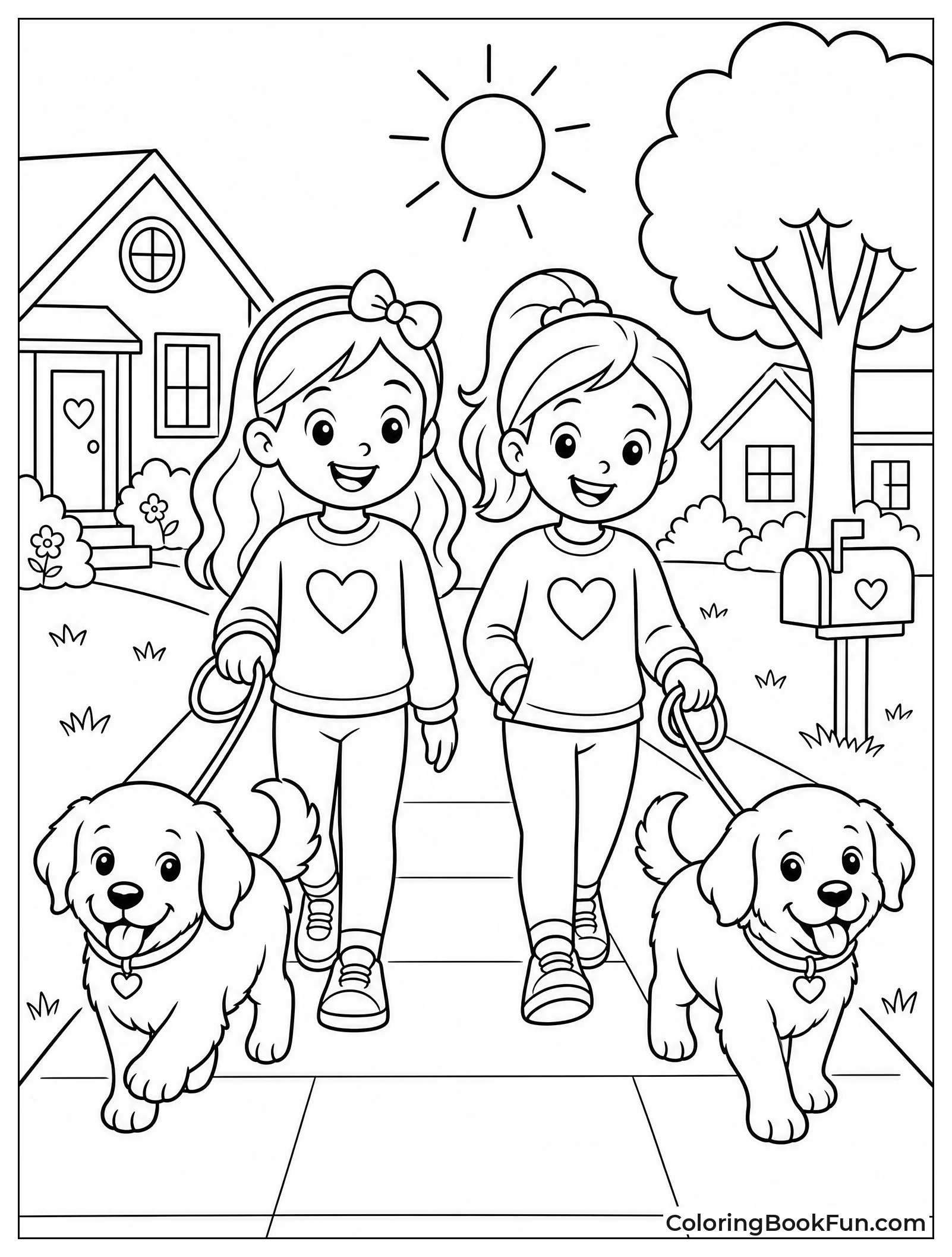 Friends Walk Puppies on Sidewalk