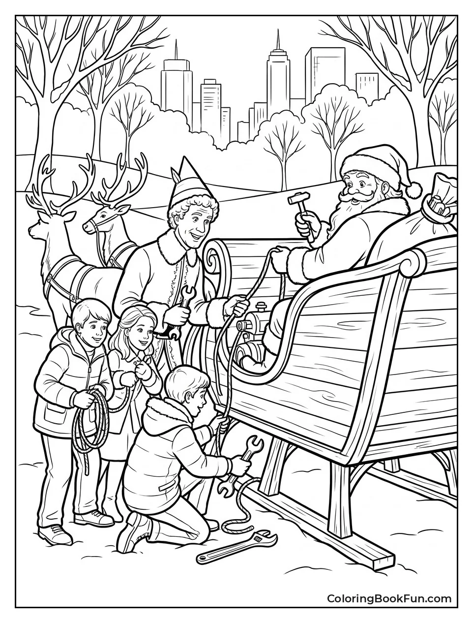 Buddy Fixing Santa's Sleigh with Family