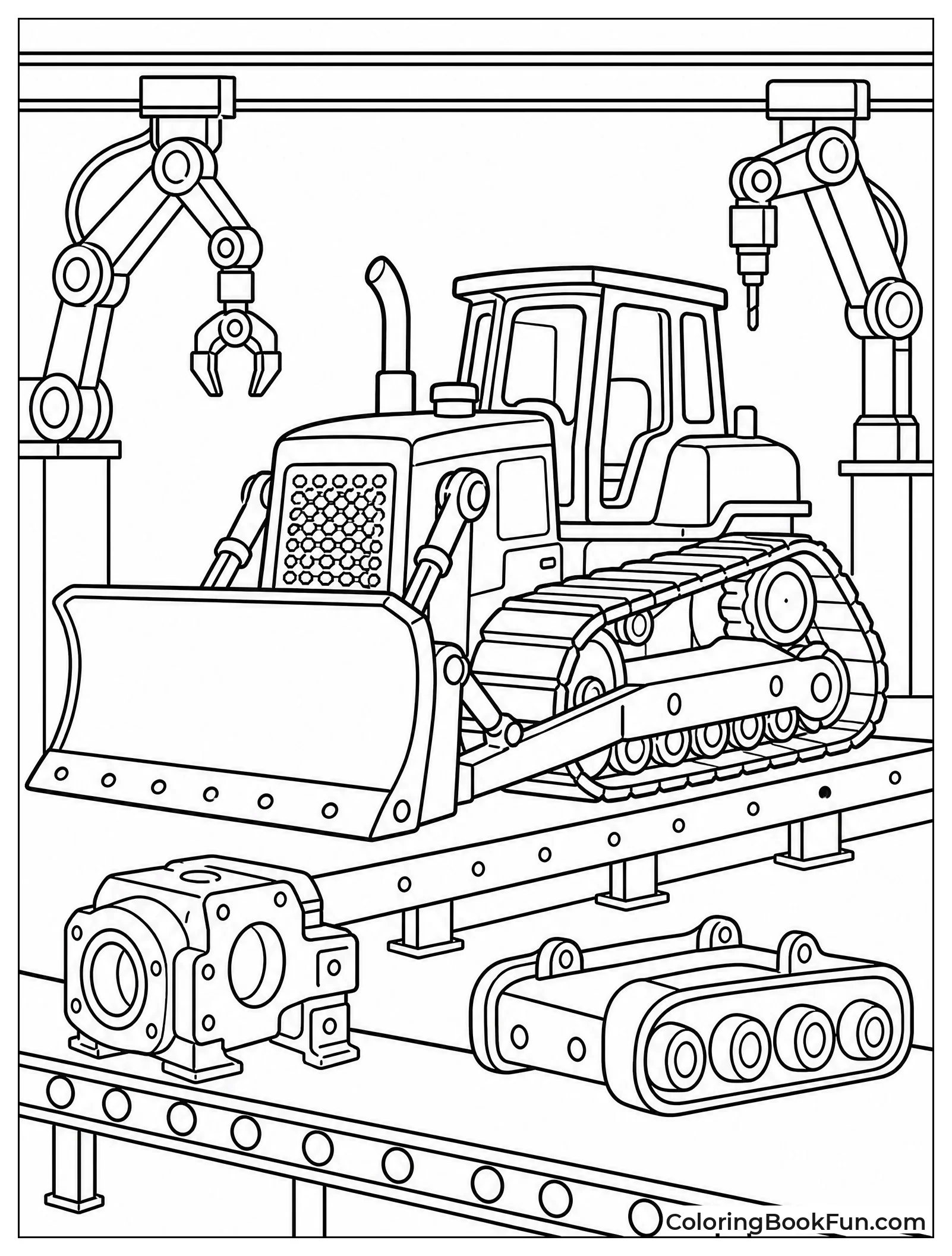 Robots Building Bulldozer in Factory