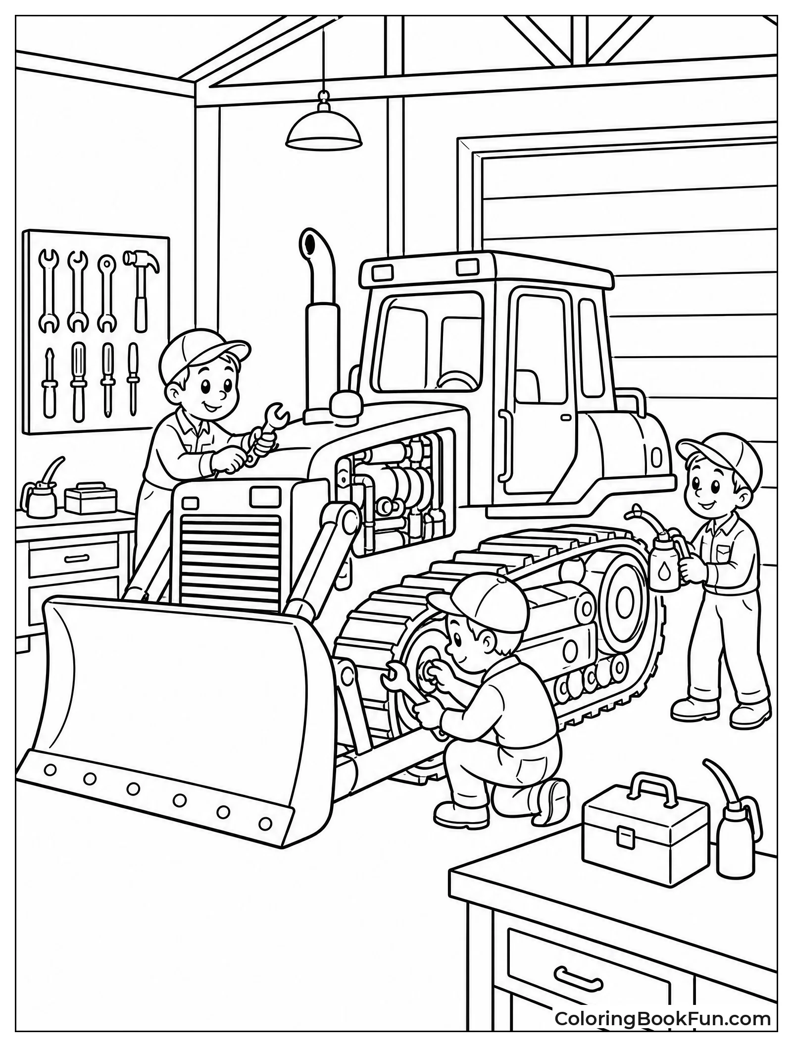 Mechanics Fixing Bulldozer in Garage