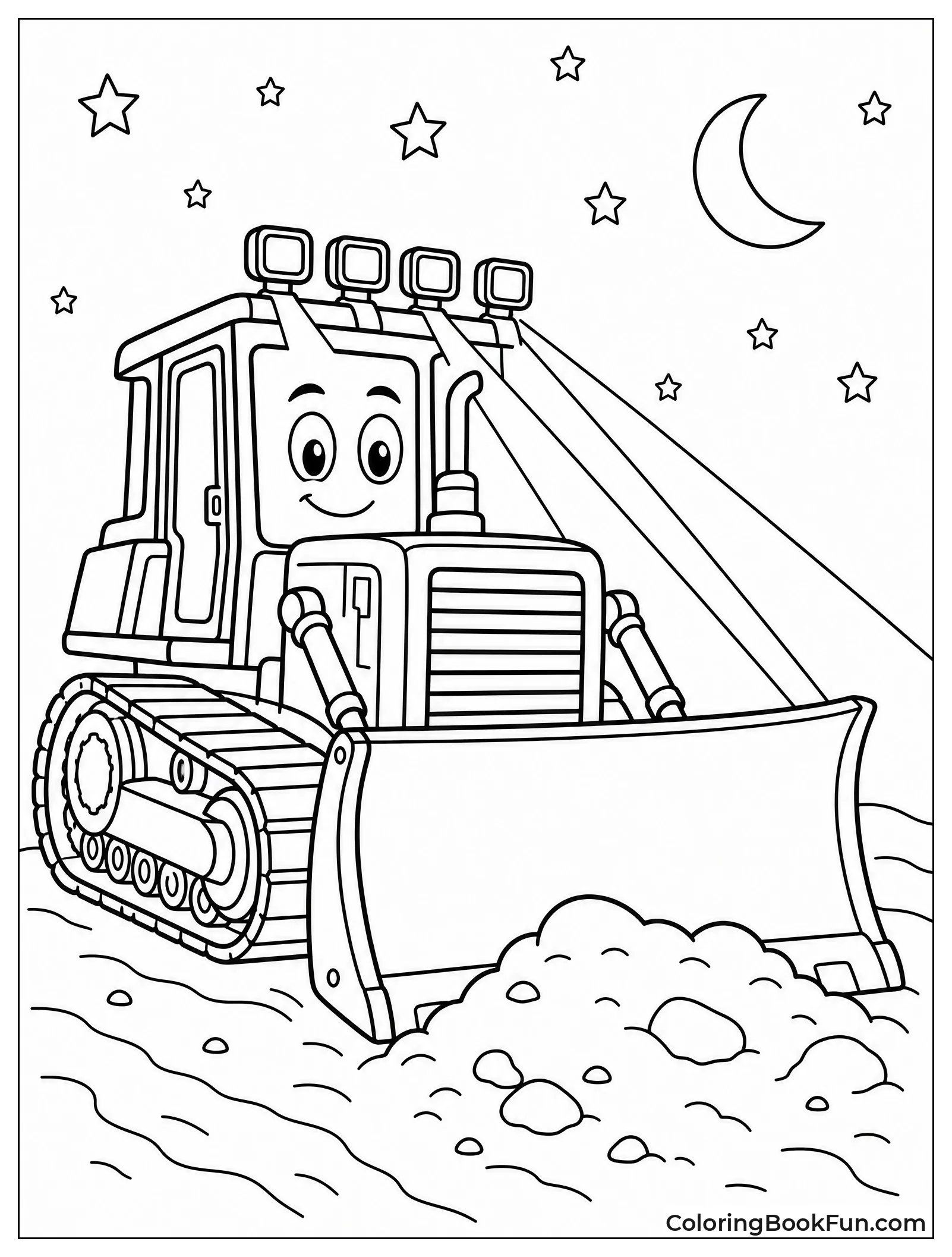 Bulldozer Working at Night with Lights