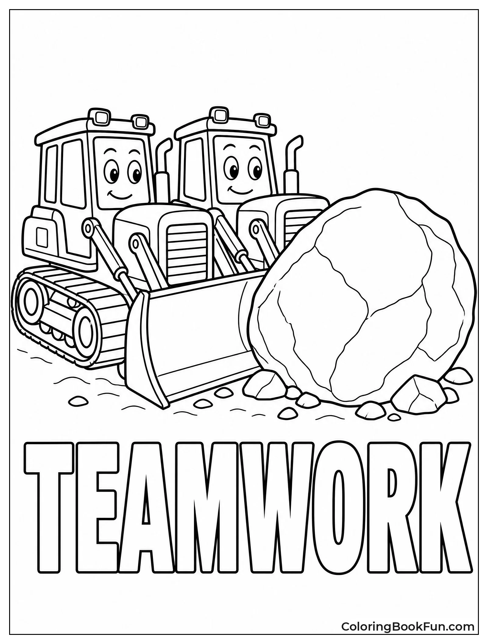 Two Bulldozers Pushing Huge Boulder