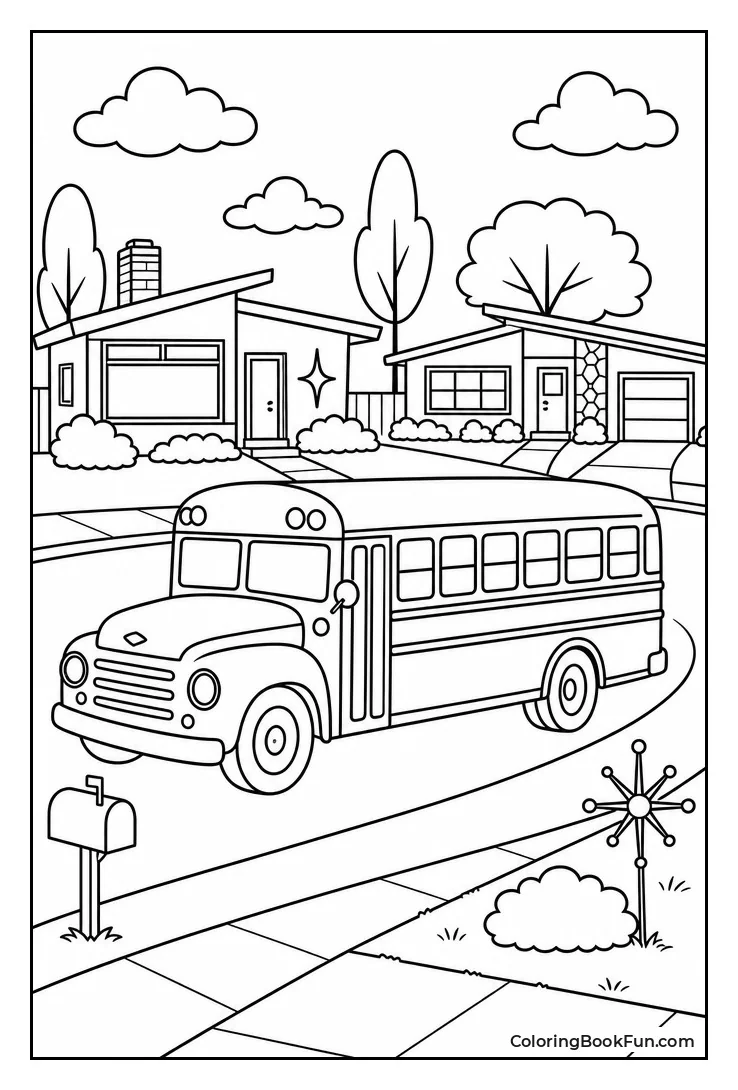 Cartoon Houses and Bus