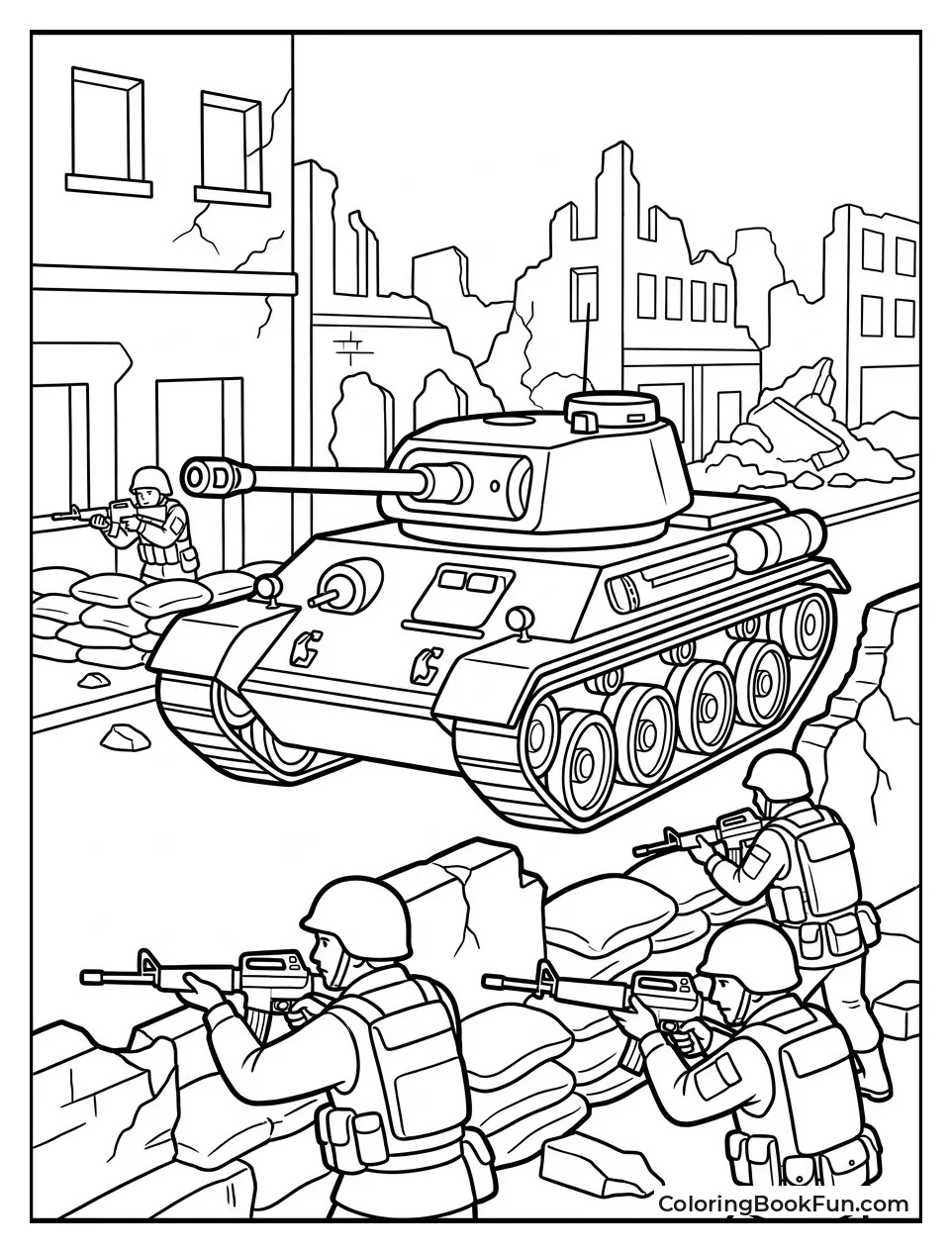Tank Rolling Through Ruins