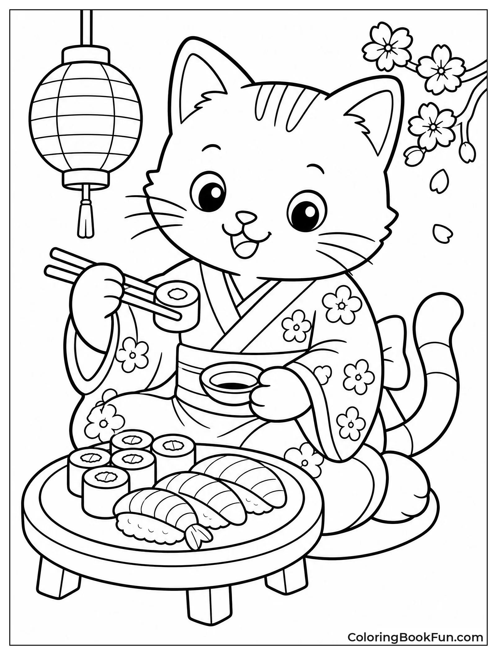 Cat in Yukata Eating Sushi