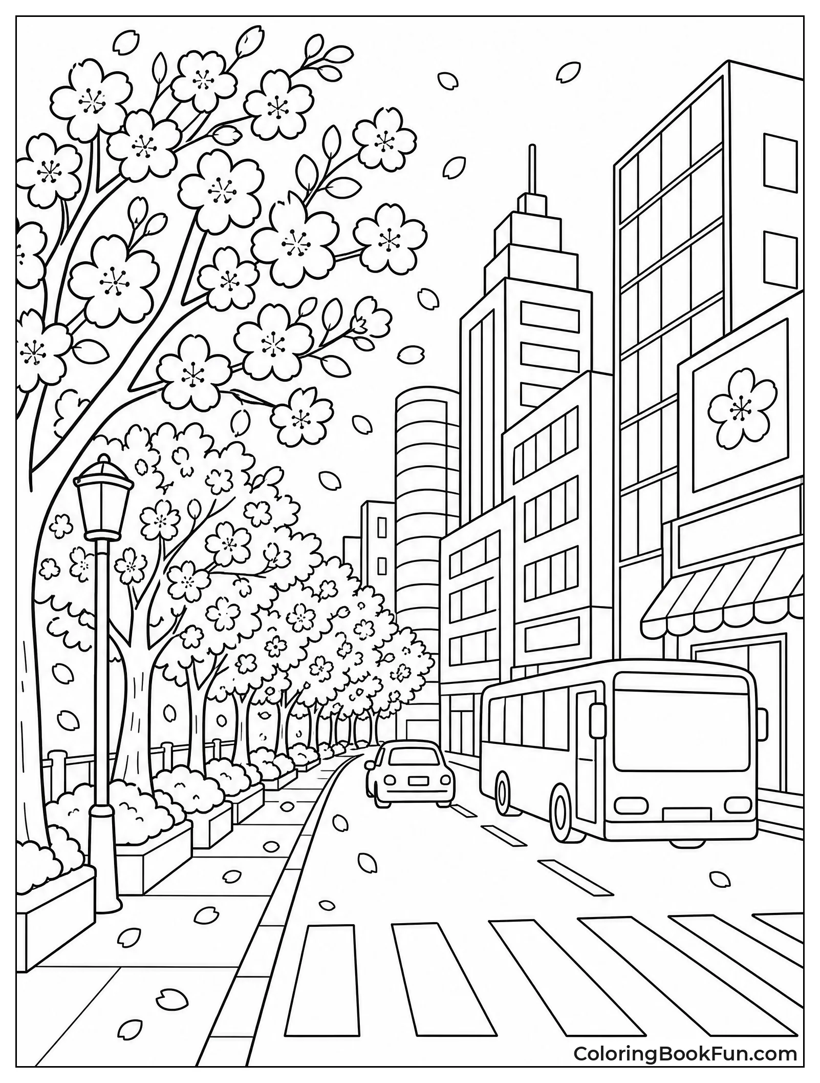 City Street with Blossoms