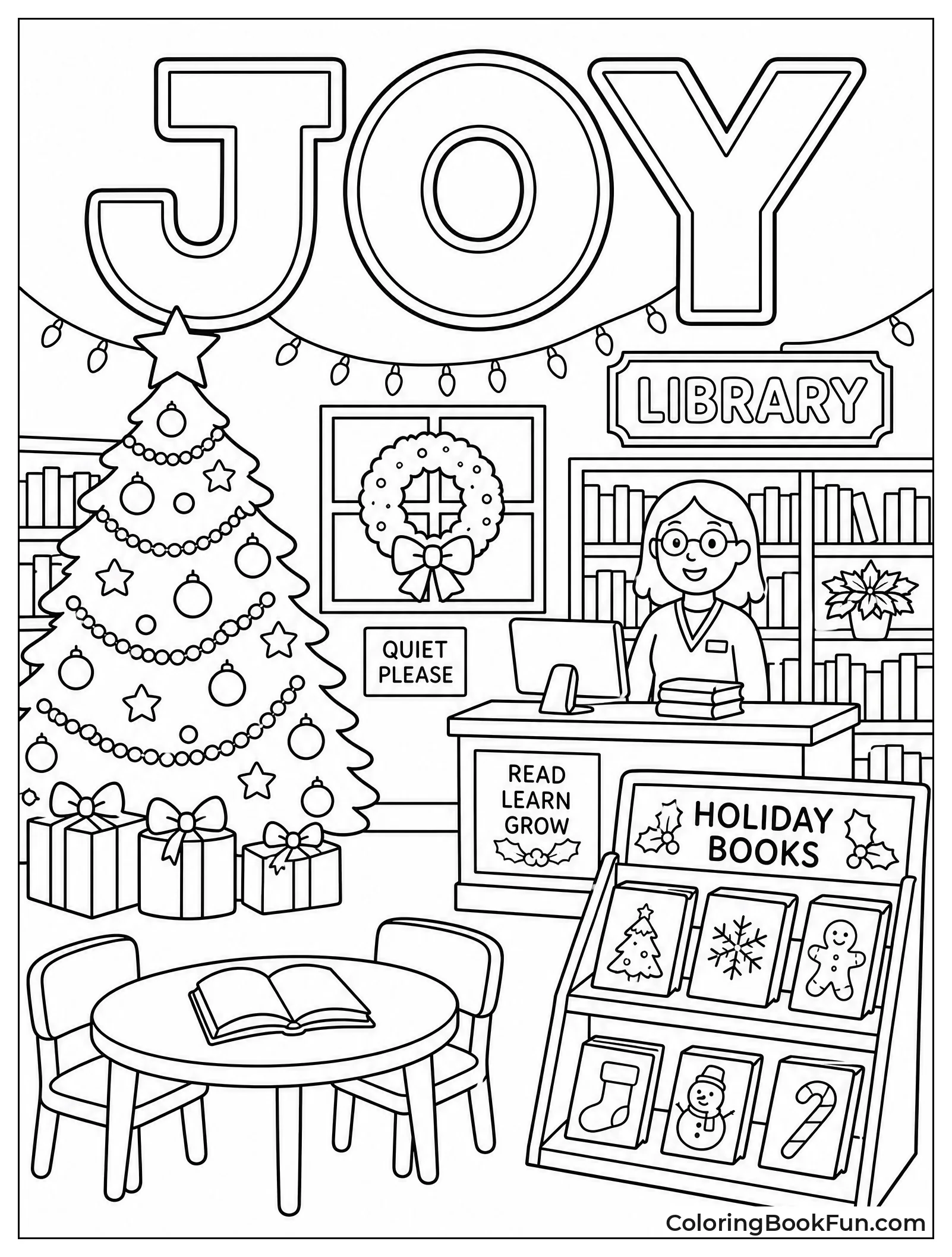 Library Decorated for Christmas with Tree