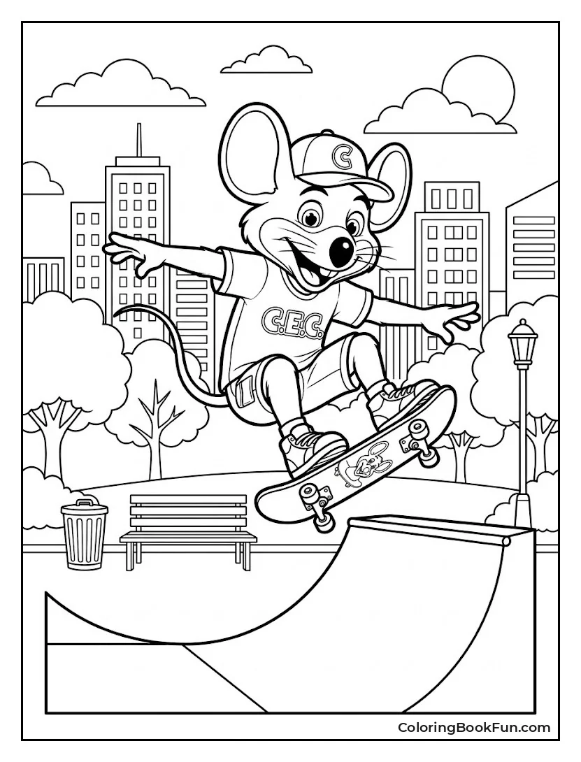 Chuck E Doing a Skateboard Trick