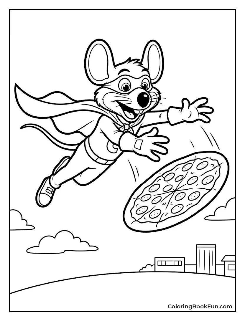Superhero Chuck E Flying with Pizza