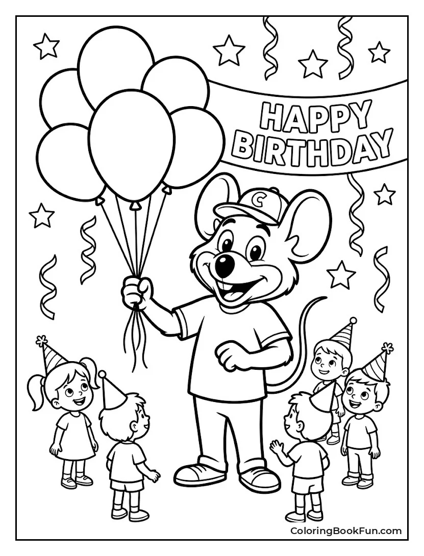 Chuck E Holding Bright Balloons
