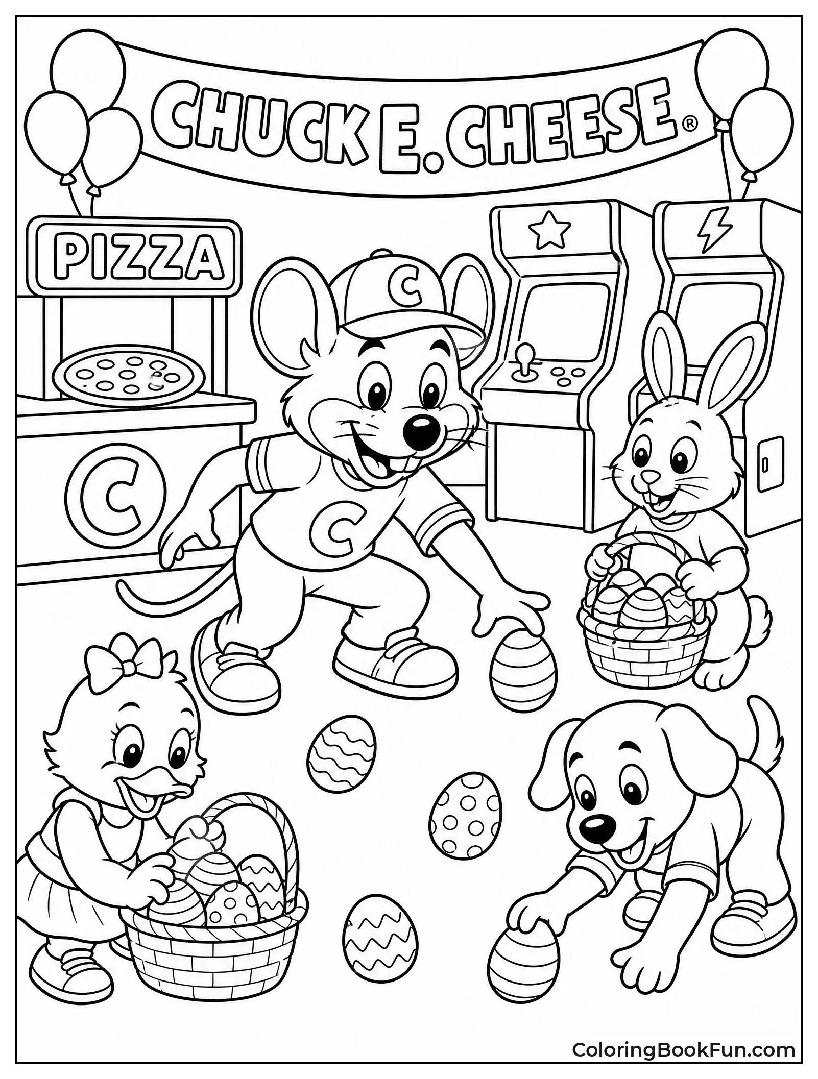 Chuck E Hunting Colorful Easter Eggs