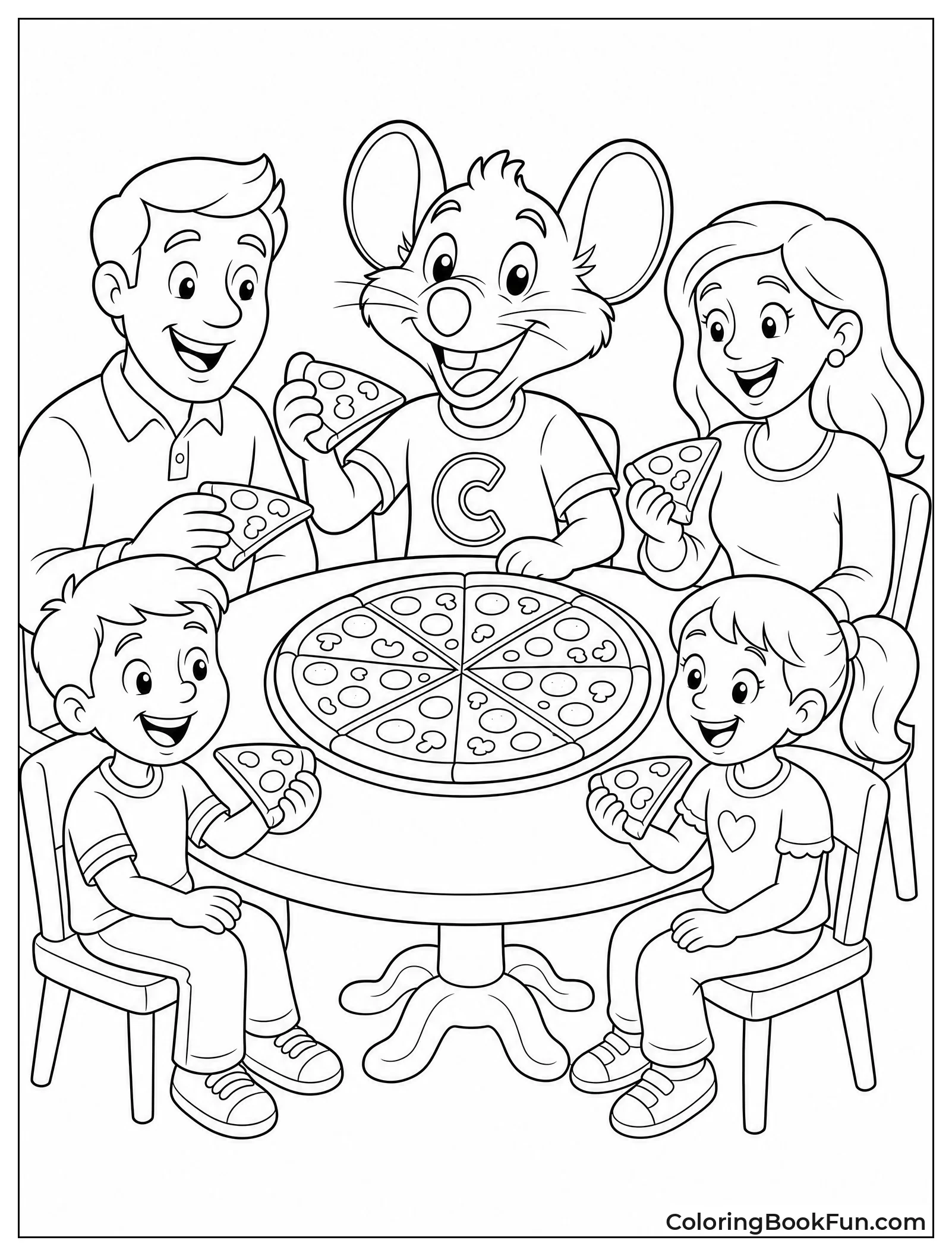 Family Sharing Pizza with Chuck E
