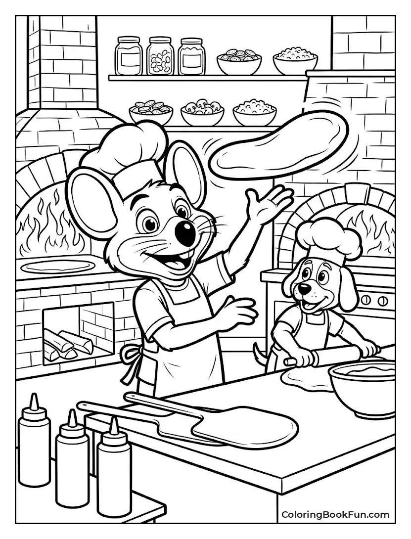 Characters Preparing Pizza in Kitchen