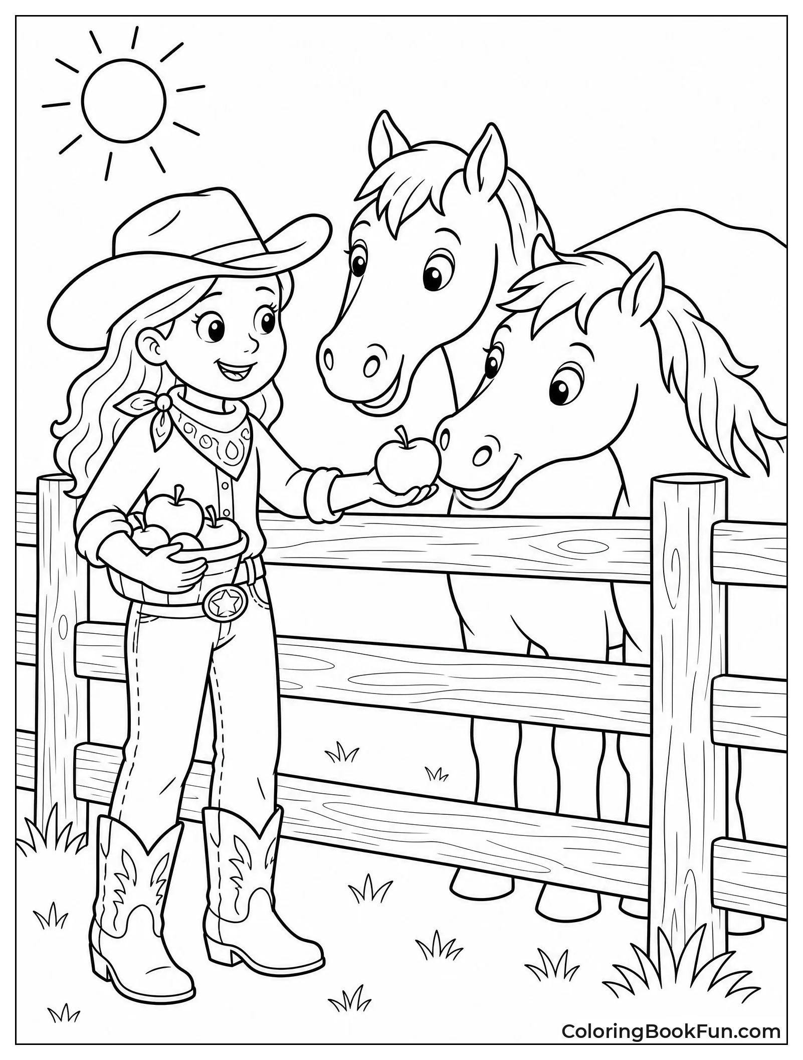 Cowgirl Sharing Apples With Horses