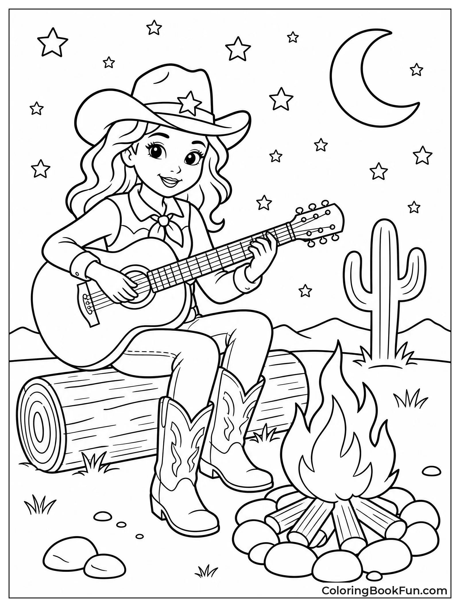 Cowgirl Playing Guitar by Campfire