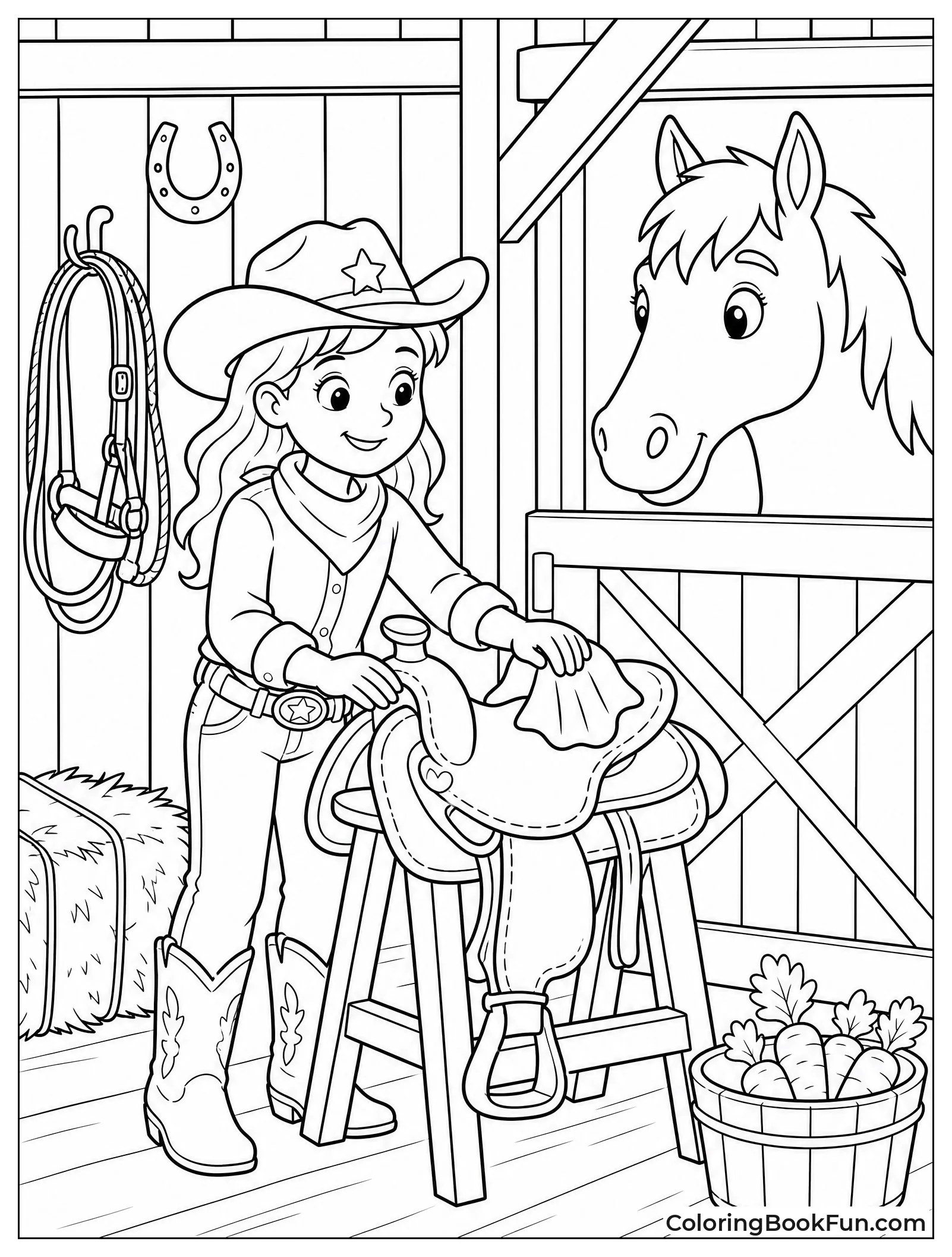 Cowgirl Feeding Horses in Barn