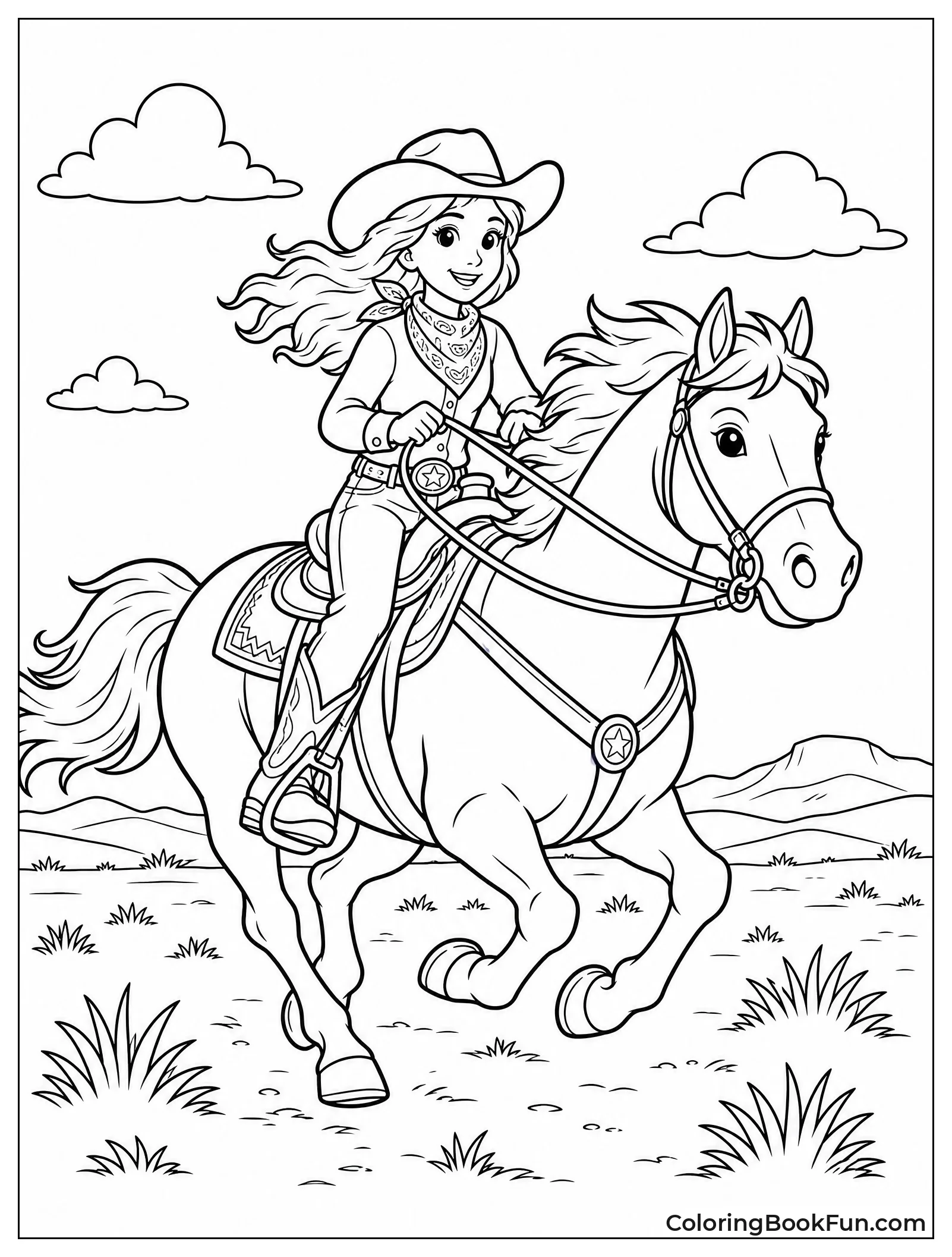 Cowgirl Galloping Across Open Prairie