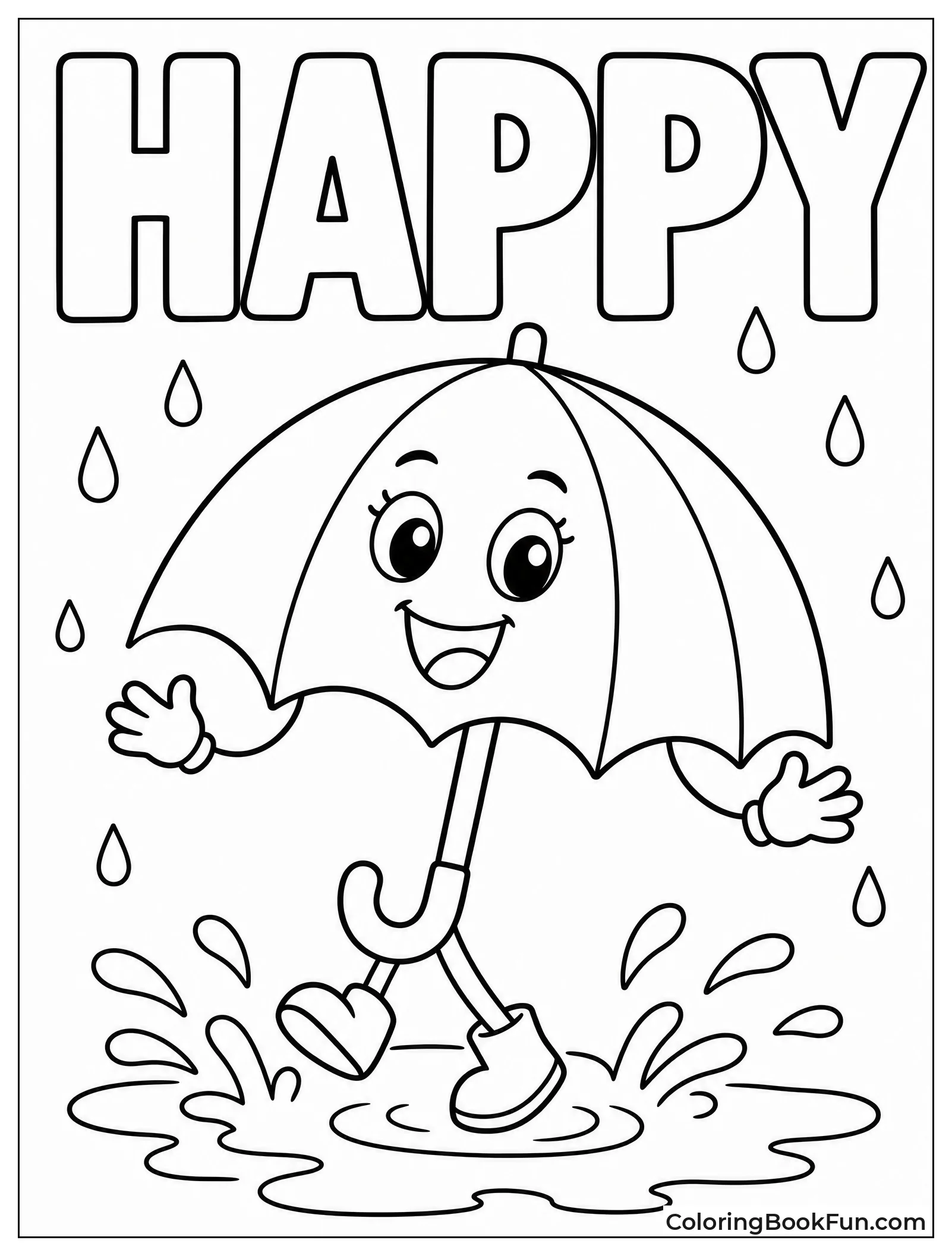 Smiling Umbrella Splashes in Puddle