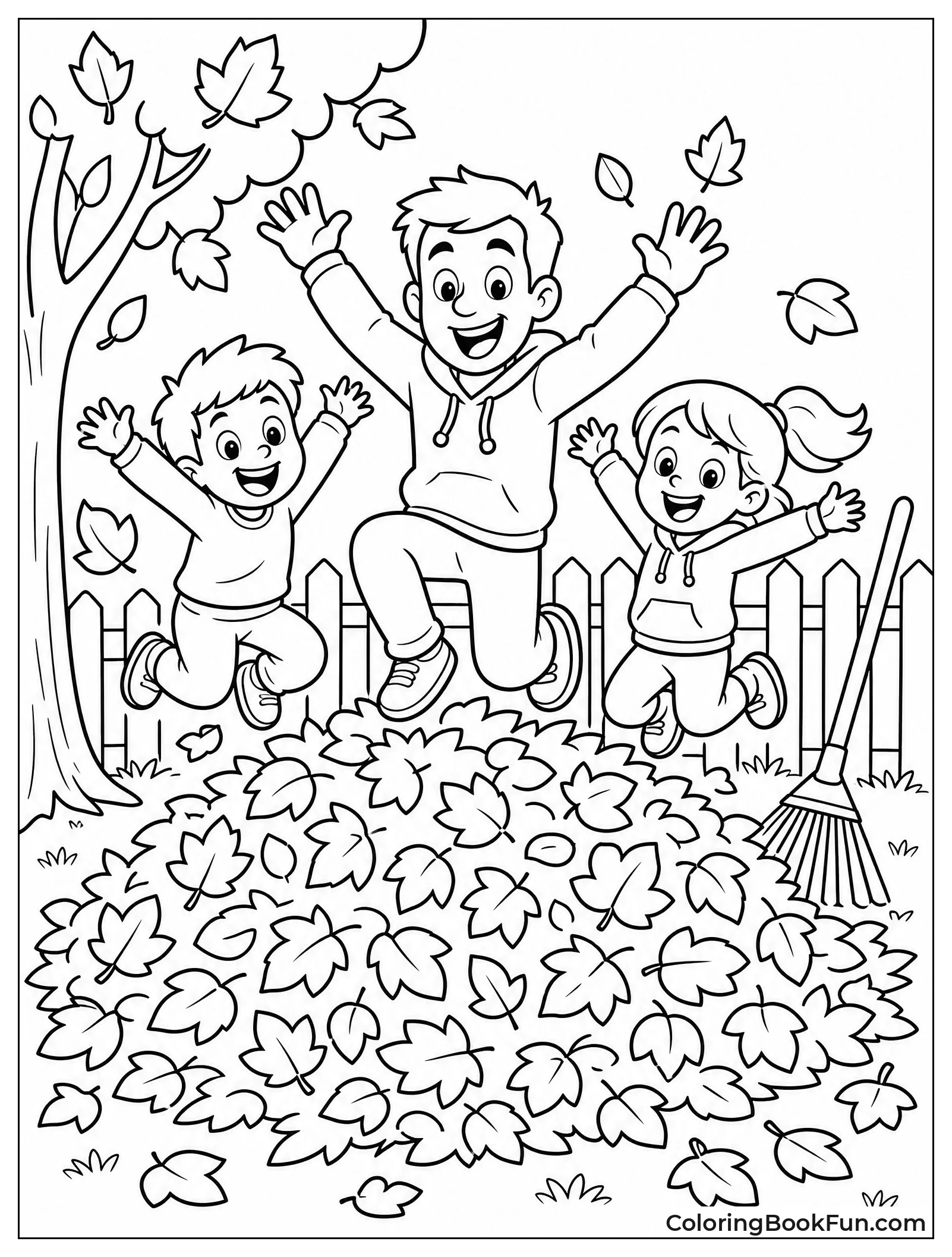 Dad and Kids Jumping in Leaves