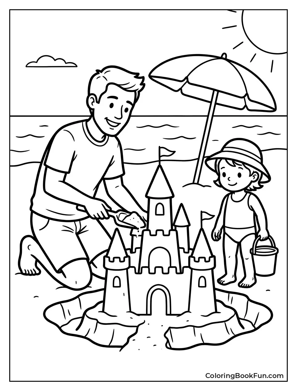 Dad Building Sandcastle at Beach