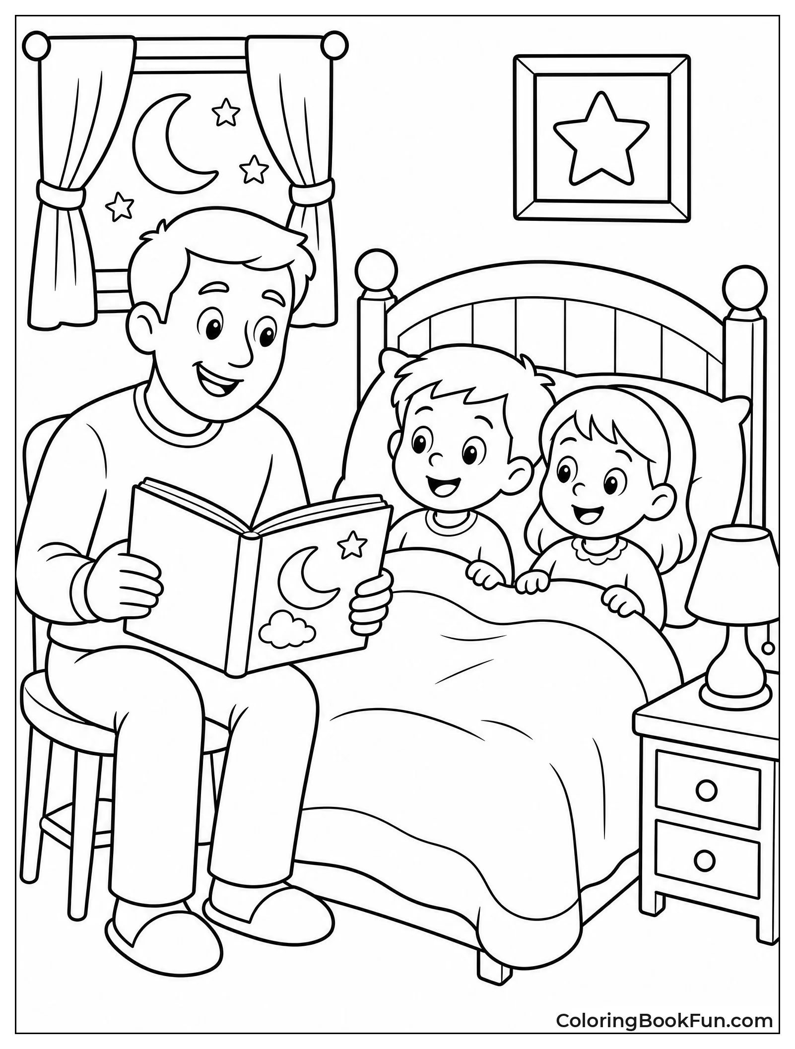 Dad Reading Story to Kids in Bed