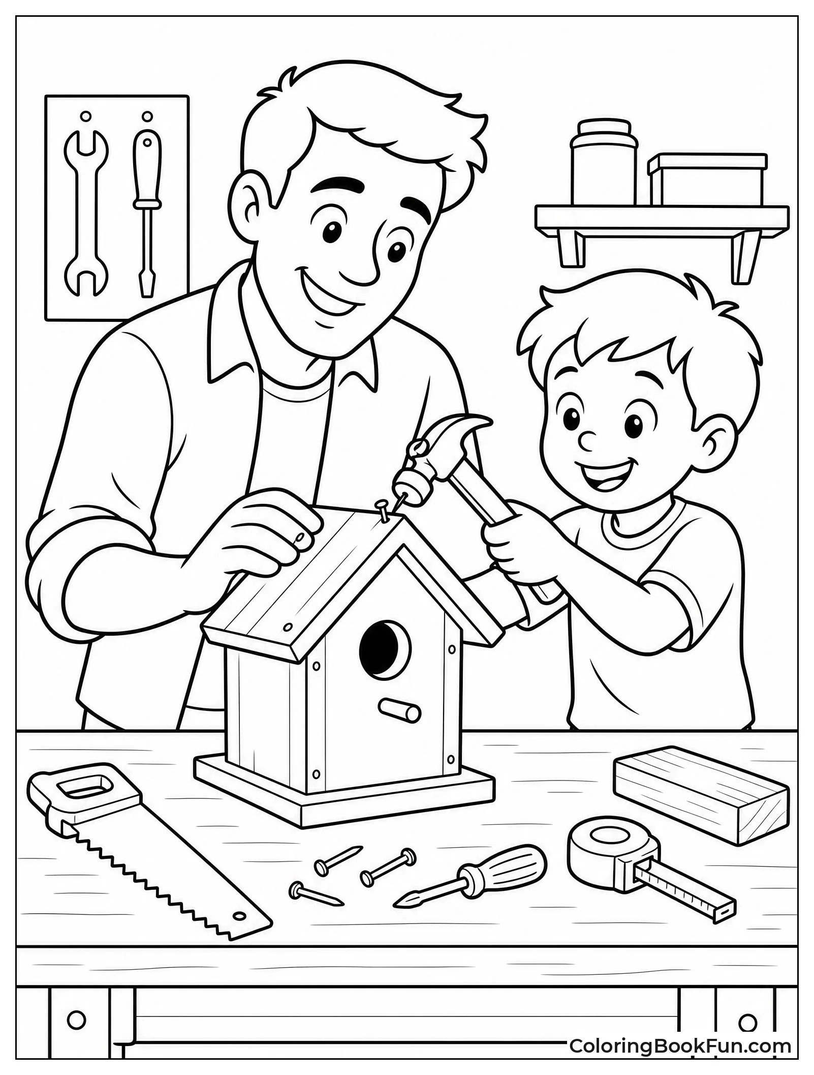 Dad Building Birdhouse with Child