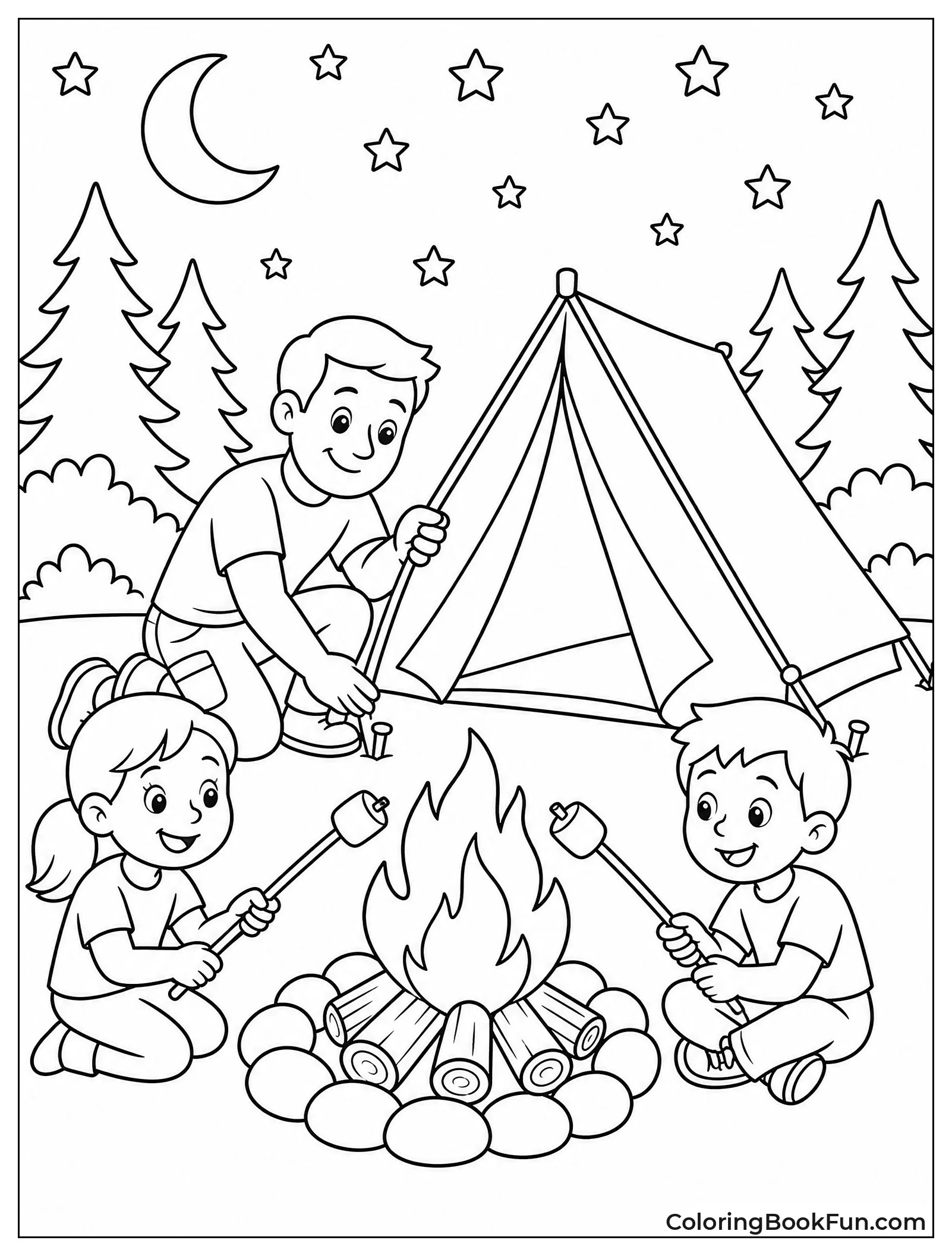 Dad Camping with Kids Around Fire