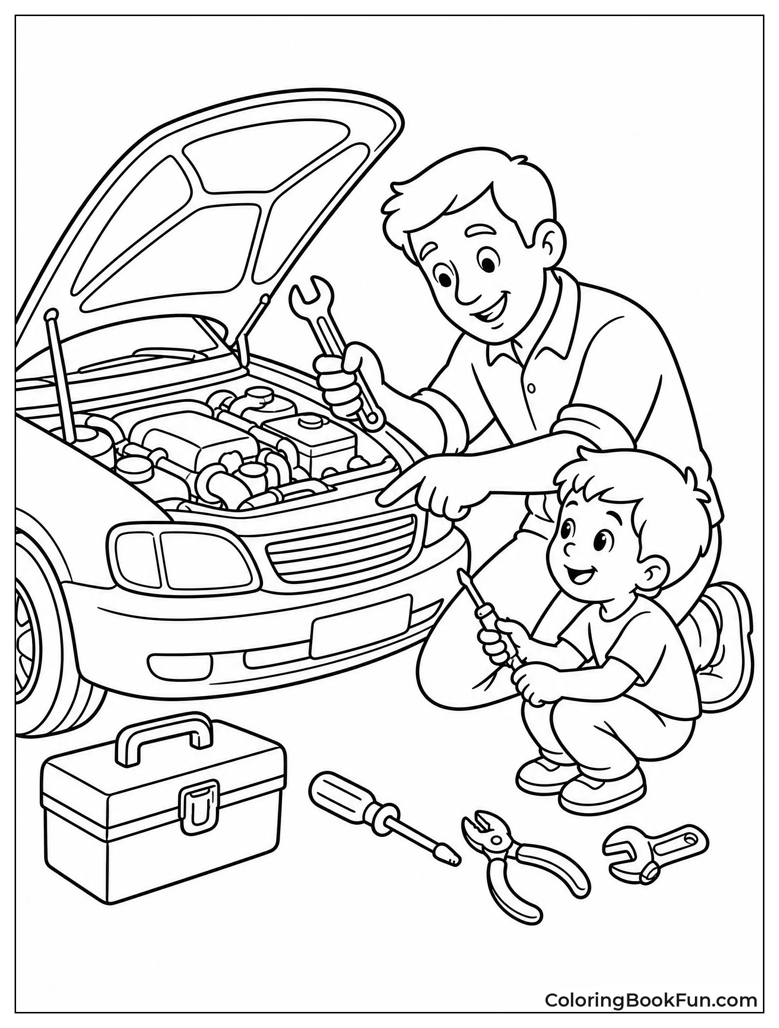 Dad Fixing Car with Child